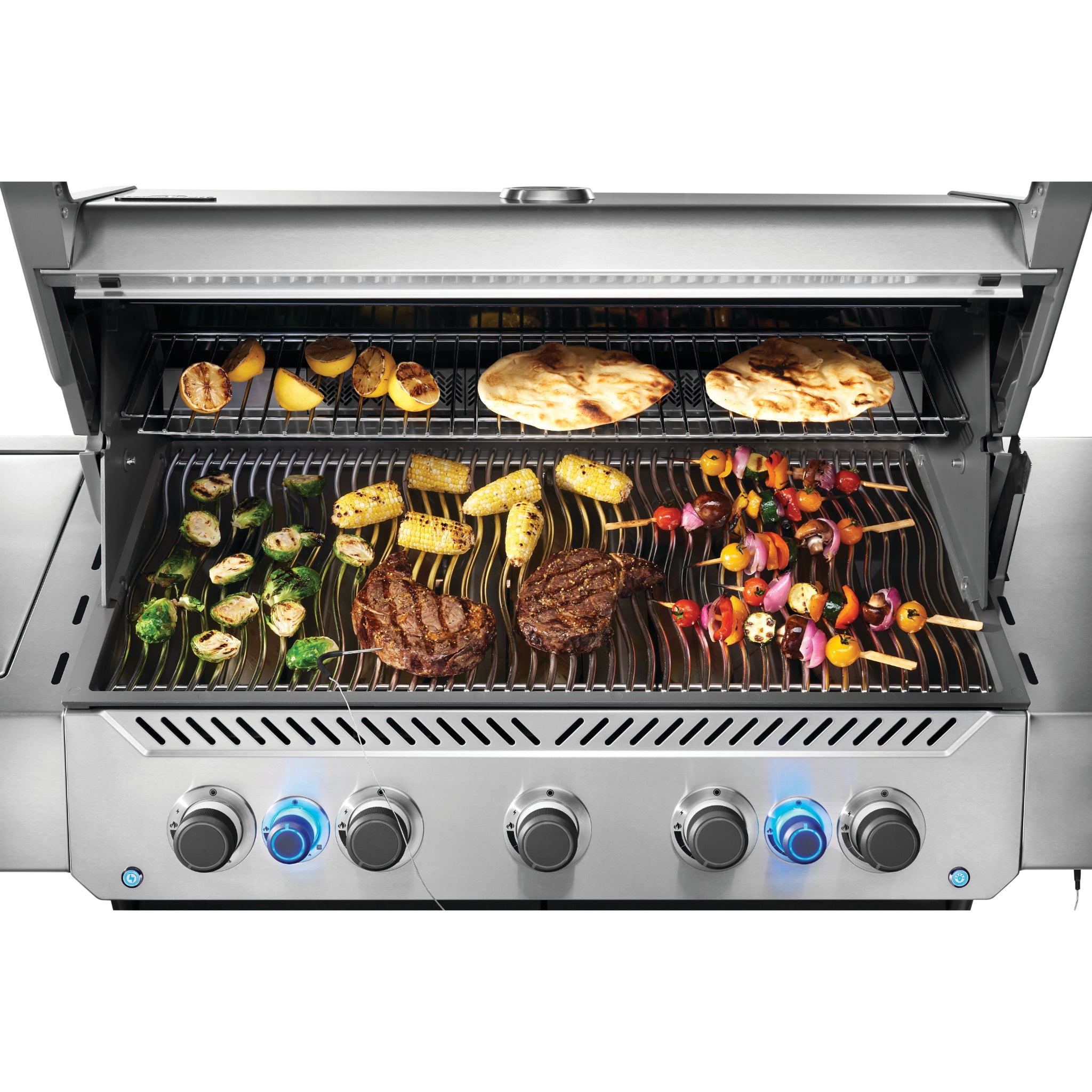 Napoleon Prestige 665 outdoor gas grill with rear infrared rotisserie burner and warming rack