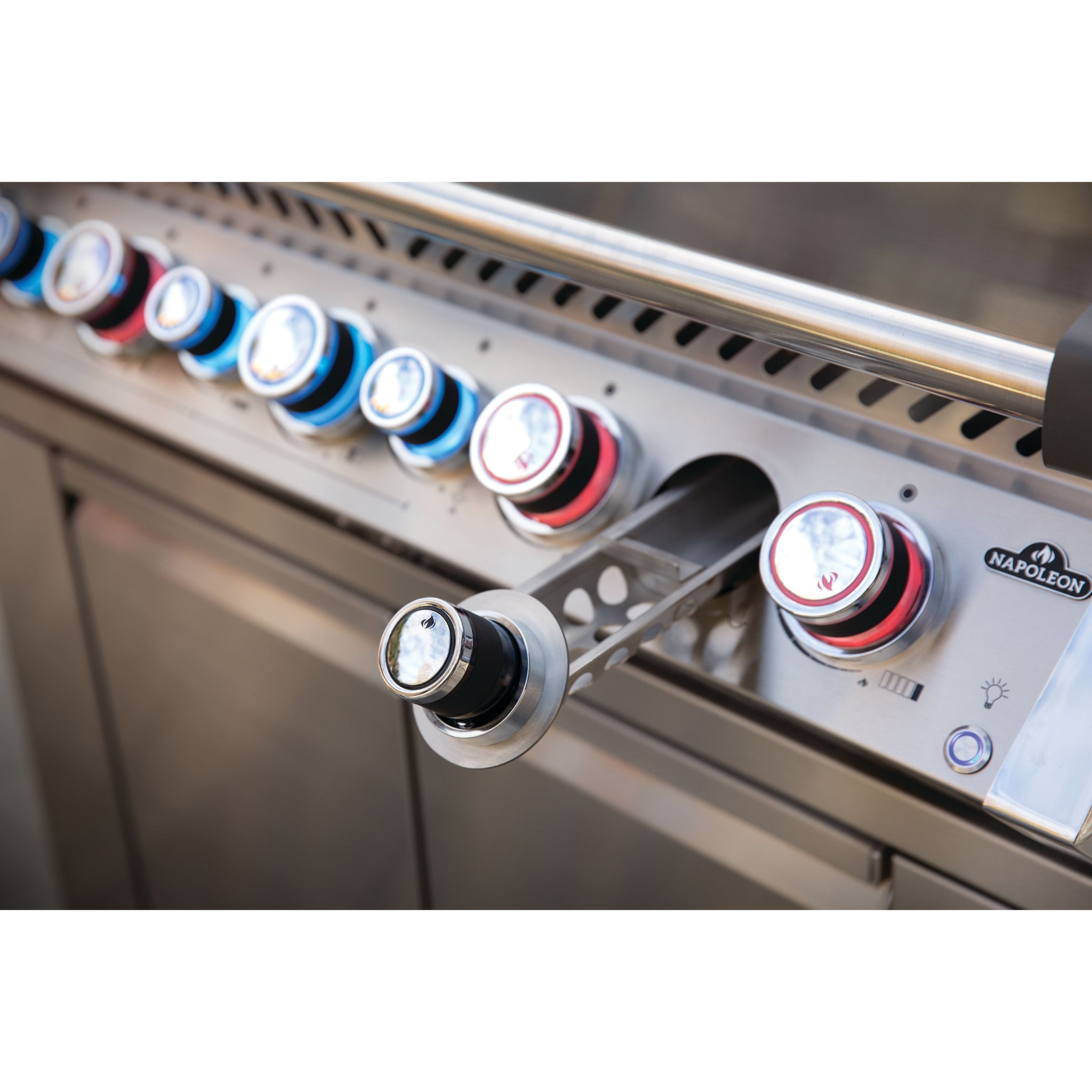 Infrared rear rotisserie burner on Napoleon Prestige Pro 665 stainless steel gas grill and smoker tray