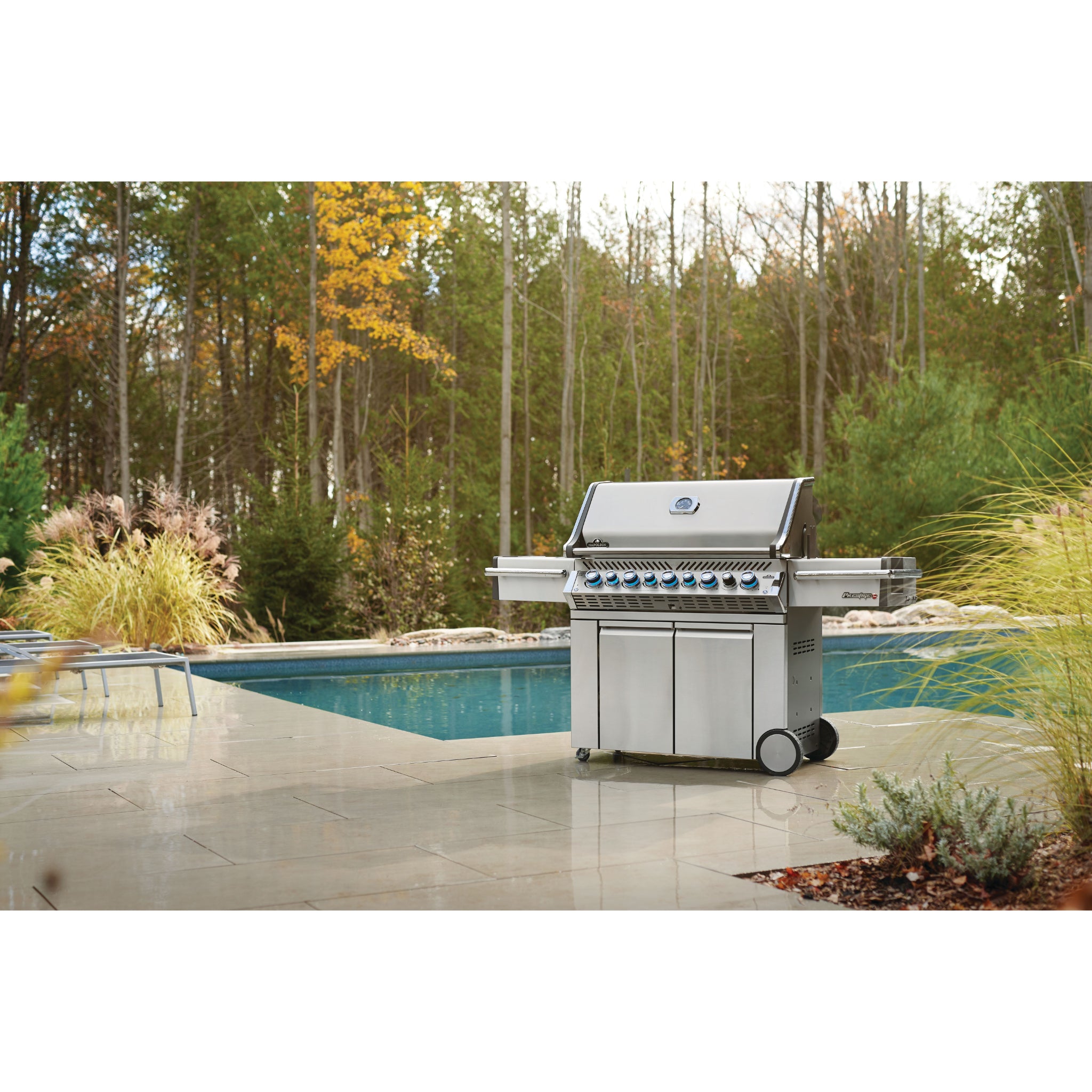 Napoleon Prestige Pro 665 gas grill with infrared side and rear burners outdoor kitchen setup