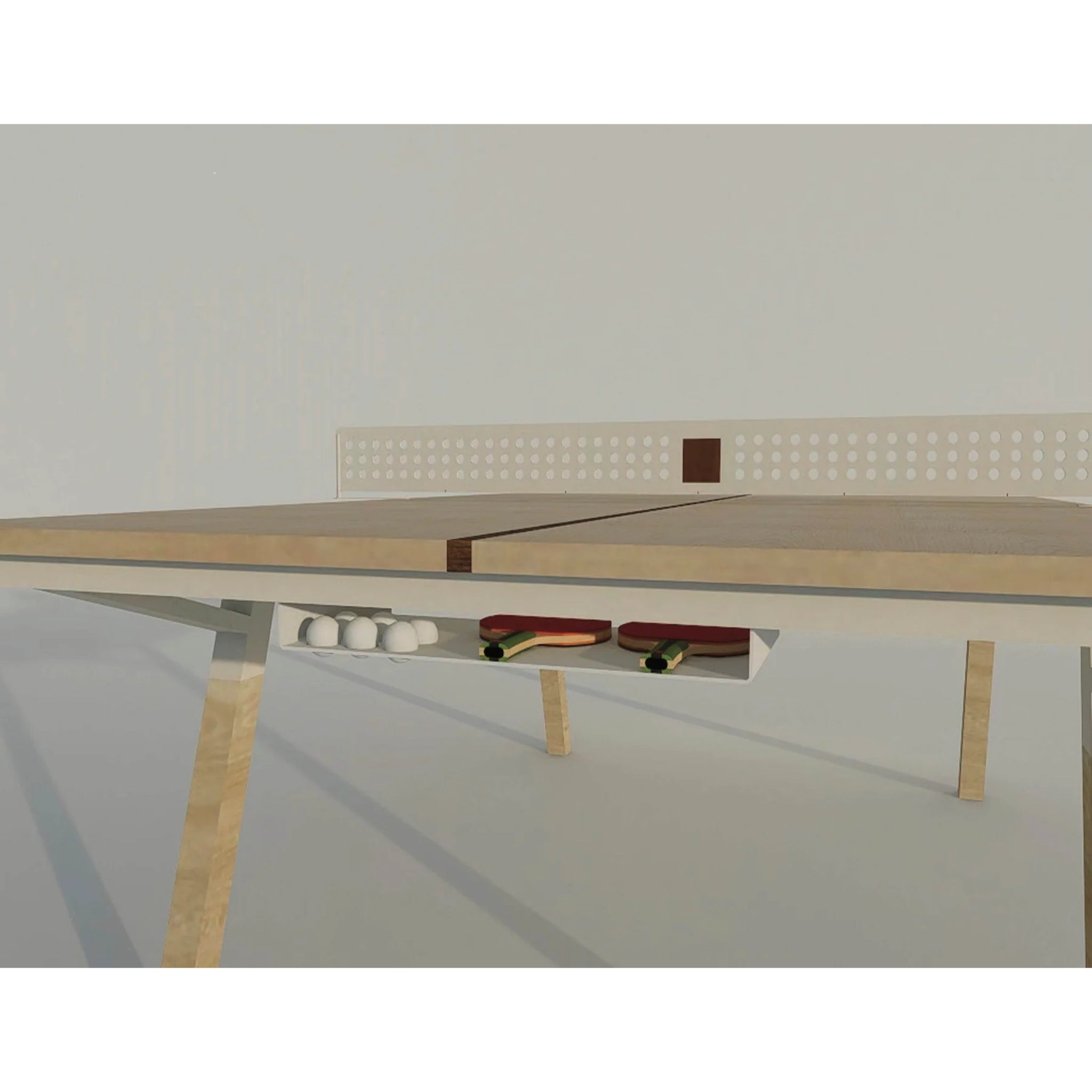 Under table ping pong storage tray holding paddles and balls for pong springs collection tables