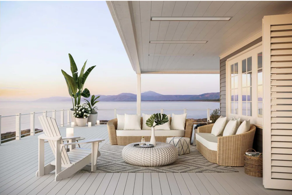 Platinum Electric Marine Patio Heater in white at STR next to ocean