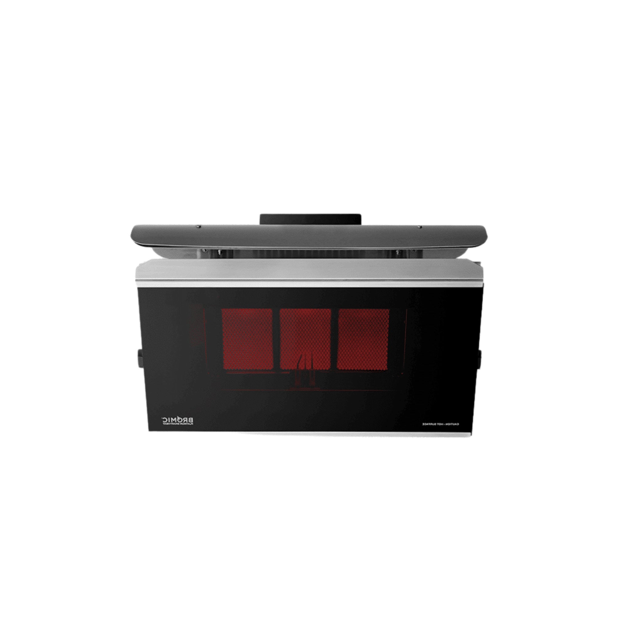 Heat deflector installed above Bromic outdoor gas heater for reduced clearance