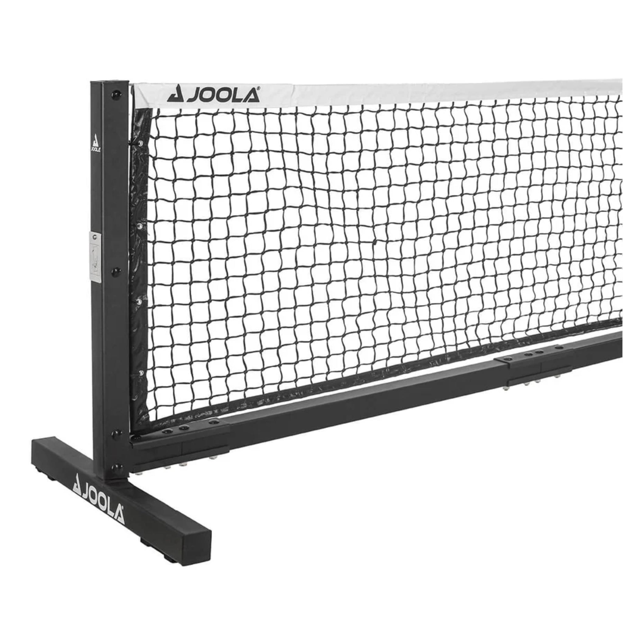 Side view of JOOLA Pro Pickleball Net showing reinforced end post and base support