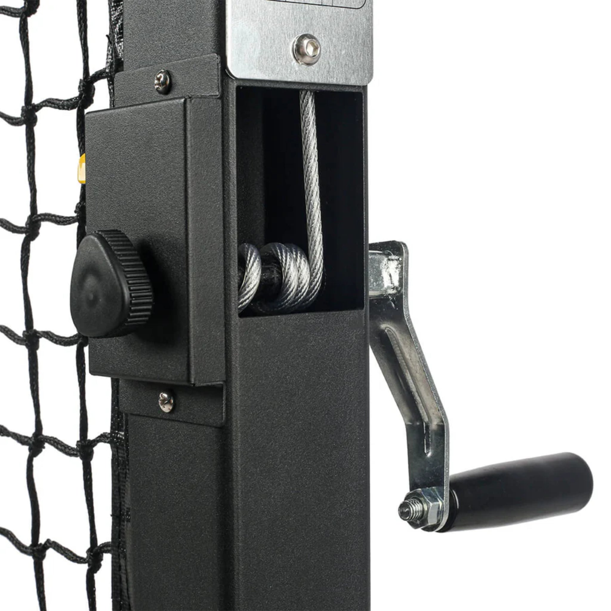 Close up of JOOLA net center strap and cable system maintaining 34 inch regulation height