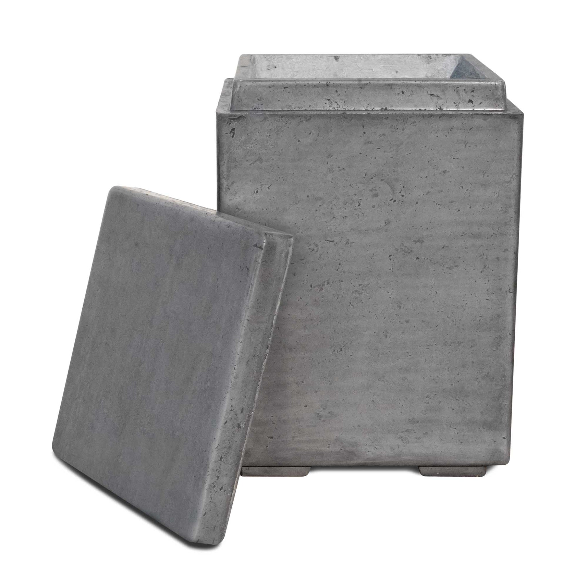 The Outdoor Plus fire pit propane tank enclosure in handcrafted GFRC concrete with removable lid for concealing a standard 20 lb LP propane tank outdoors