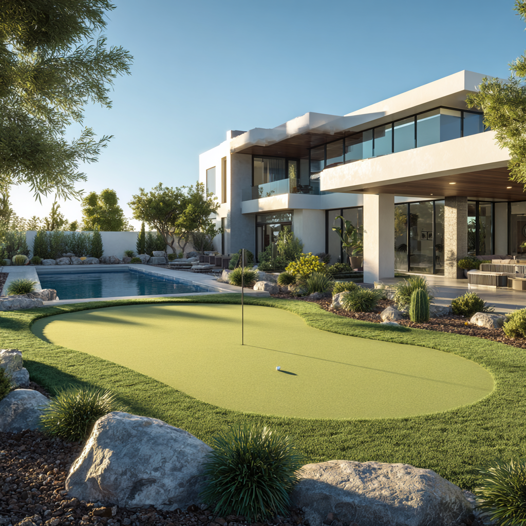 Outdoor putting green in backyard of luxury STR in California