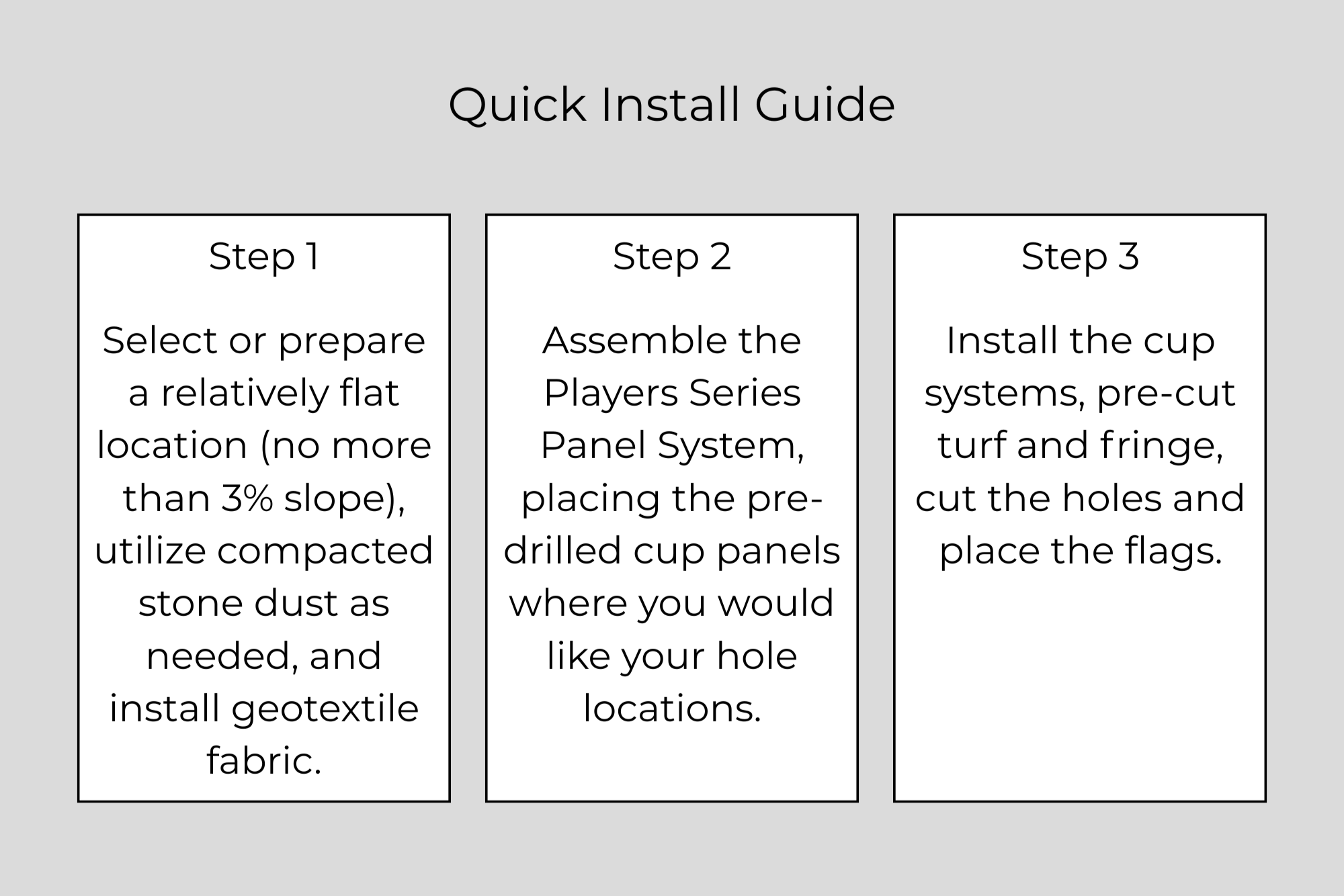 Quick install guide for the Ultra Base outdoor putting green kits.