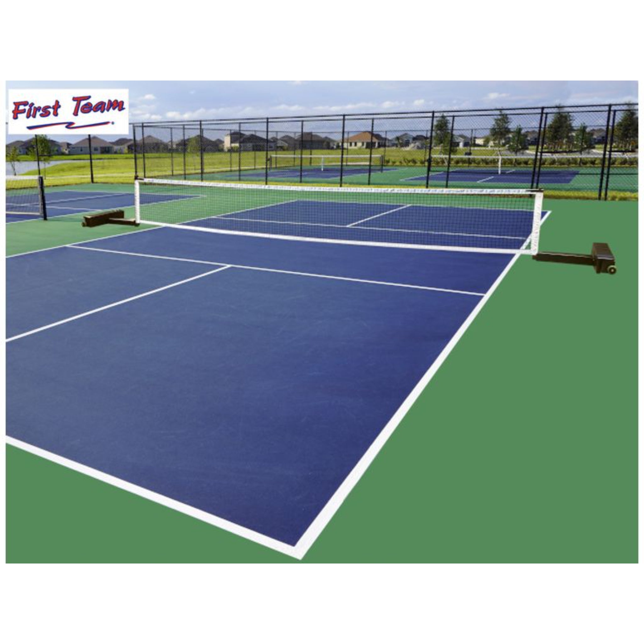 Scorpion Portable pickleball net system installed on a dual-use tennis and pickleball court