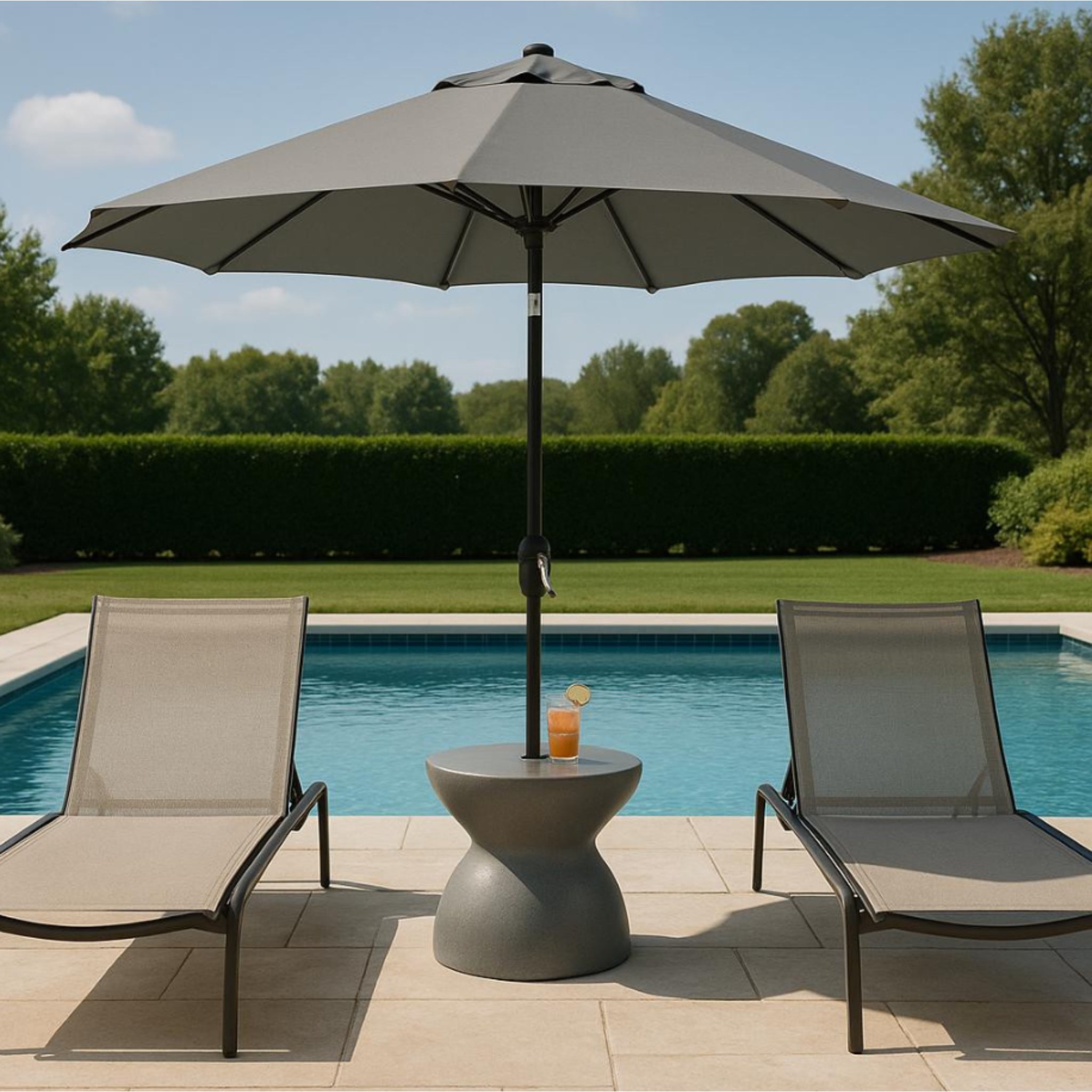Dunn-Rite ShadeTable umbrella base table filled with water on patio seating area