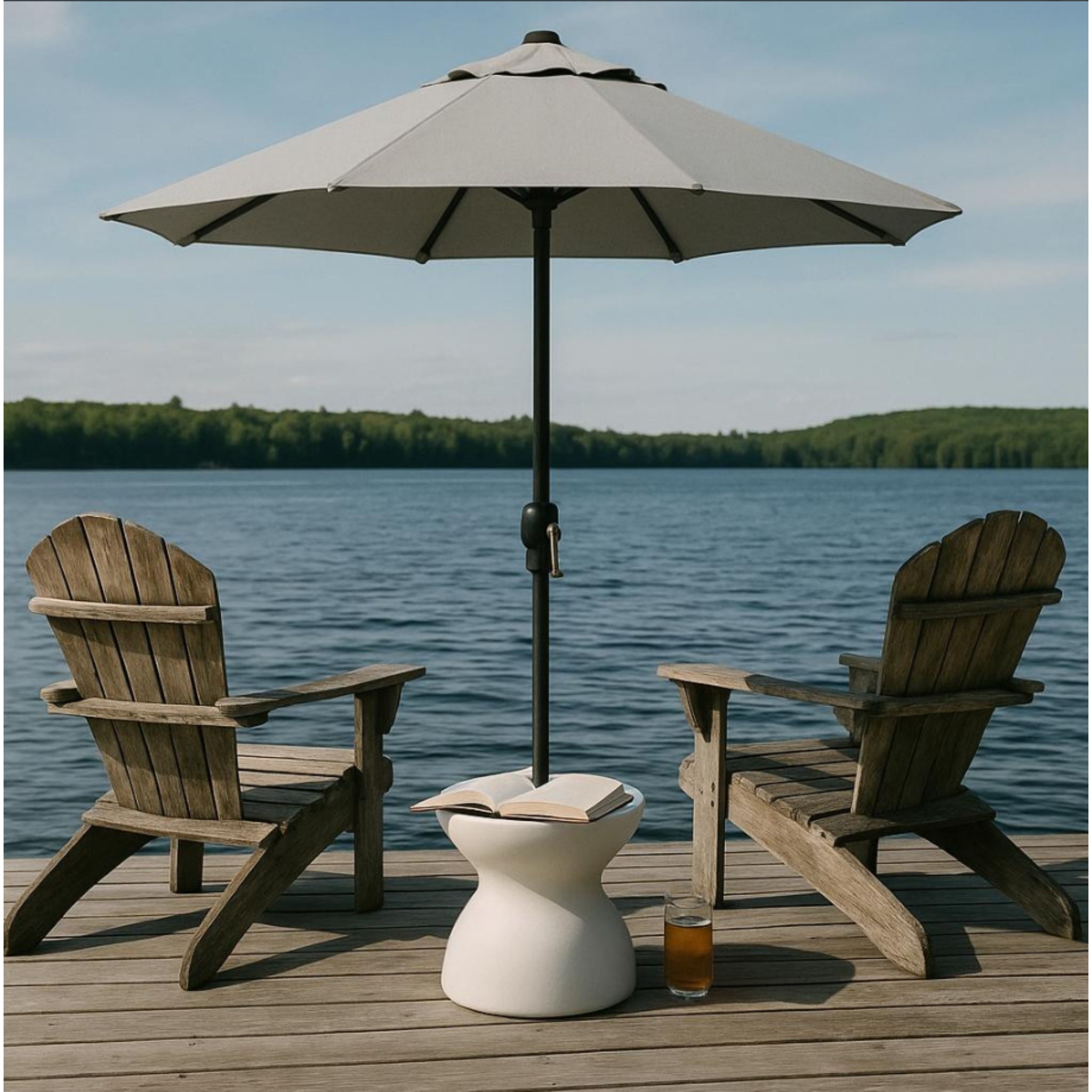 White water-filled umbrella base table used on dock with outdoor chairs