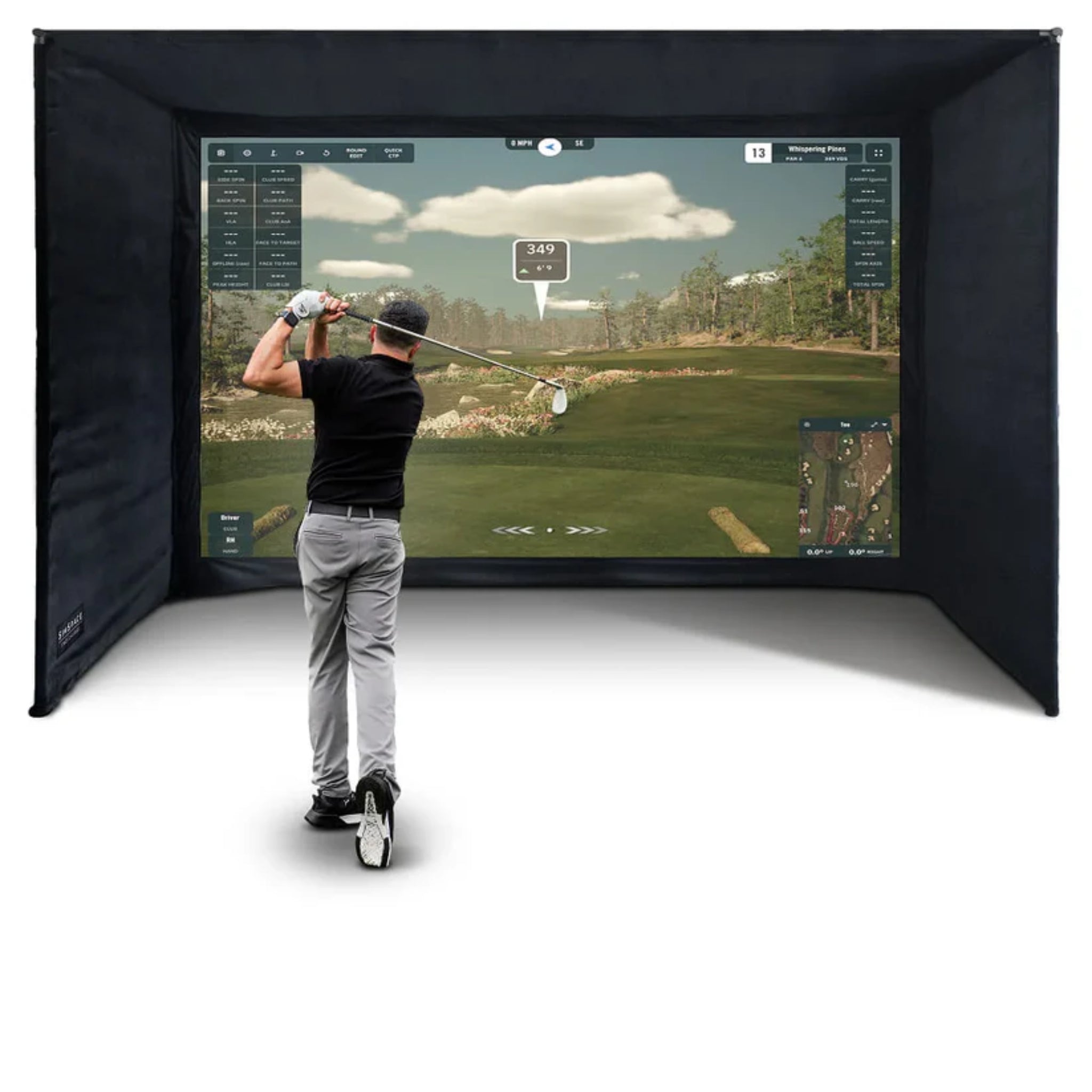 SimSpace Elite golf enclosure SIM 4 with 16:10 widescreen impact screen for immersive golf simulator setups