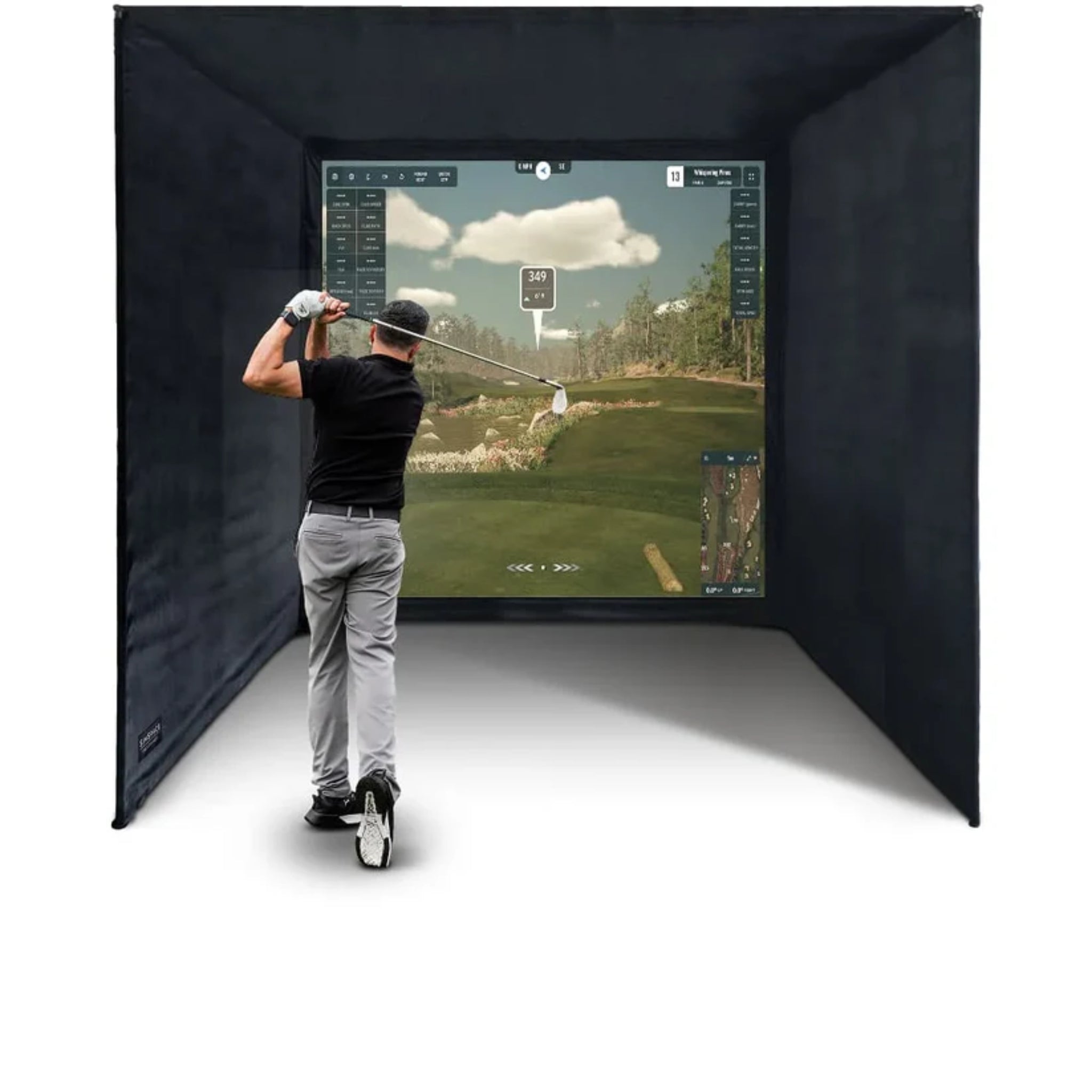 SimSpace Elite golf enclosure SIM 5 with 1:1 square impact screen for indoor golf simulator rooms