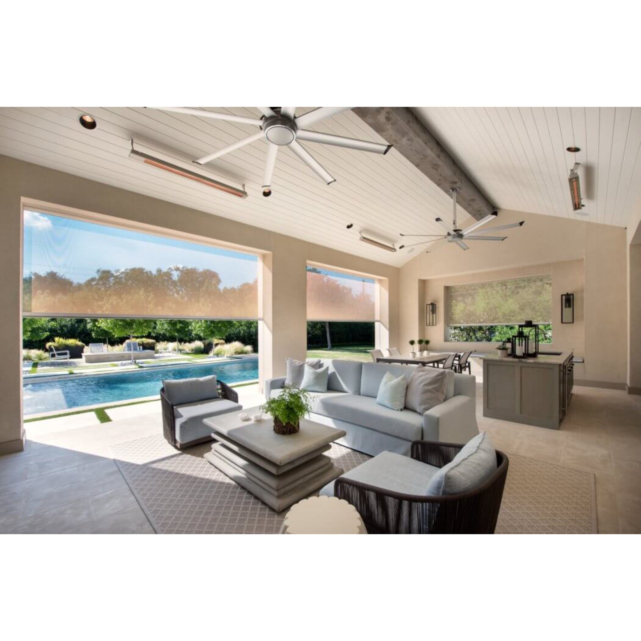 Infratech Slimline outdoor electric heater providing focused radiant warmth on covered patio area