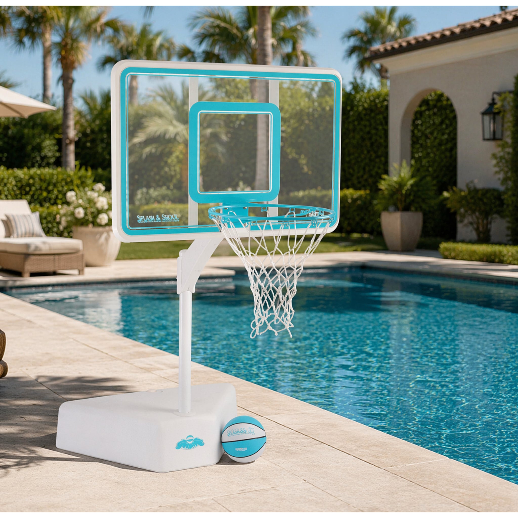 Splash and Shoot poolside basketball hoop perfect for resorts, hotels, vacation rentals and more.