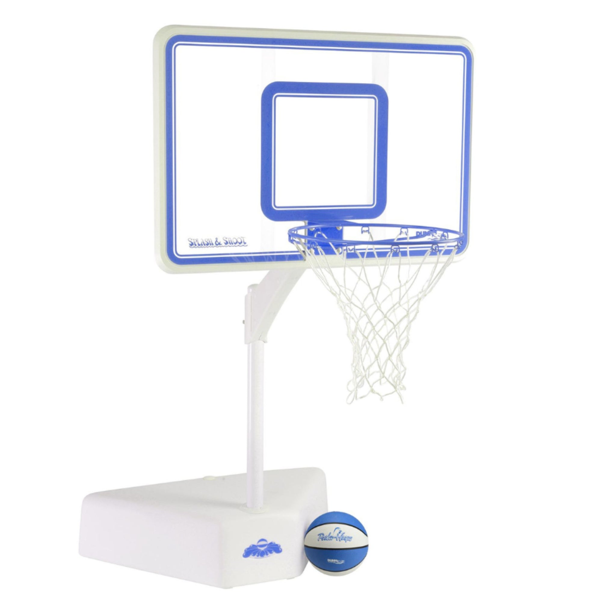 Adjustable poolside basketball hoop with clear backboard and white water-filled base