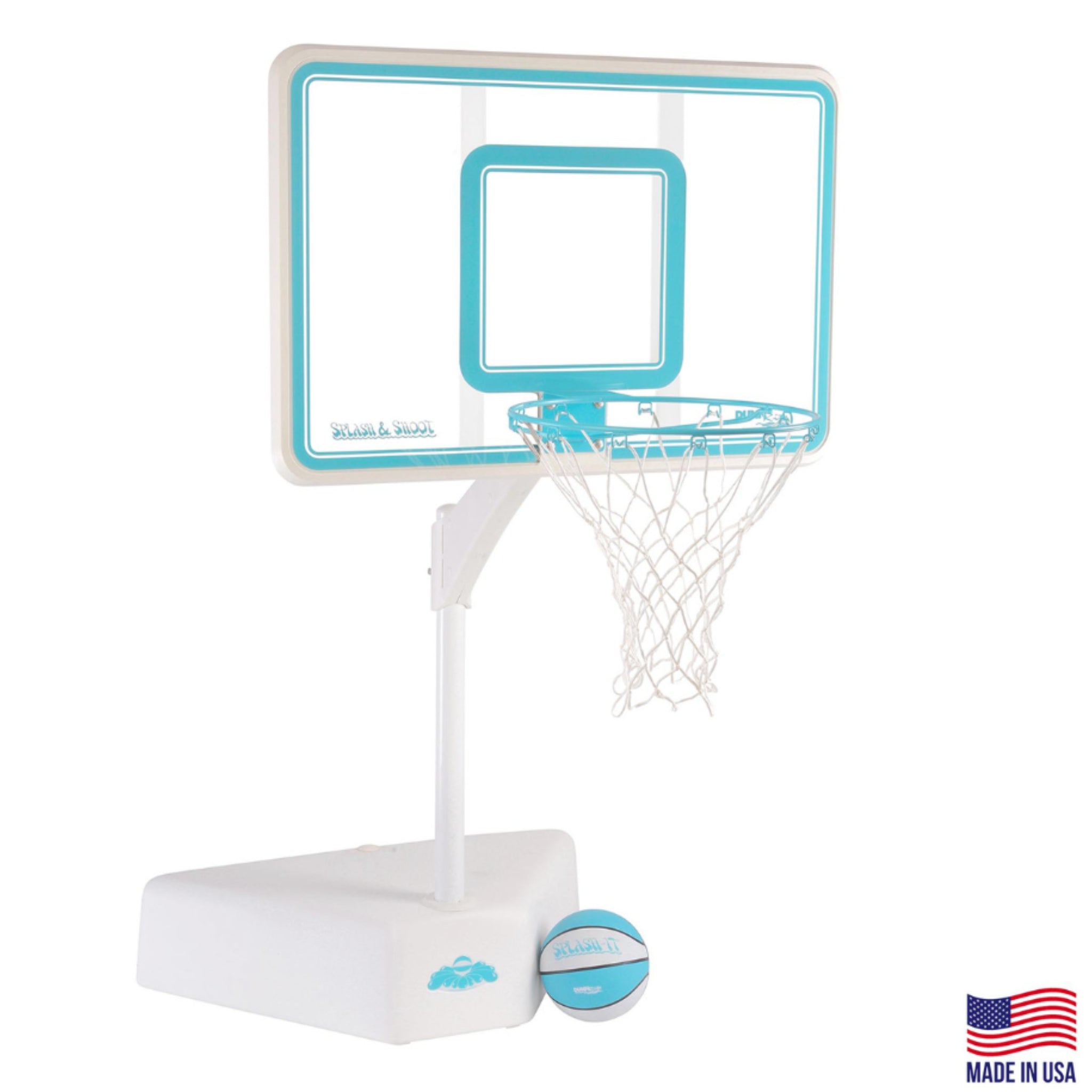 Splash & Shoot poolside basketball hoop with clear acrylic backboard and water-filled base