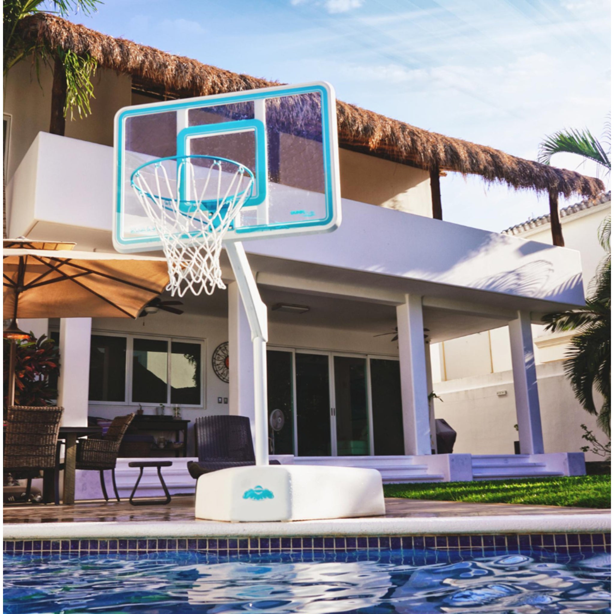 Dunn-Rite Splash & Shoot freestanding pool basketball hoop installed at pool edge