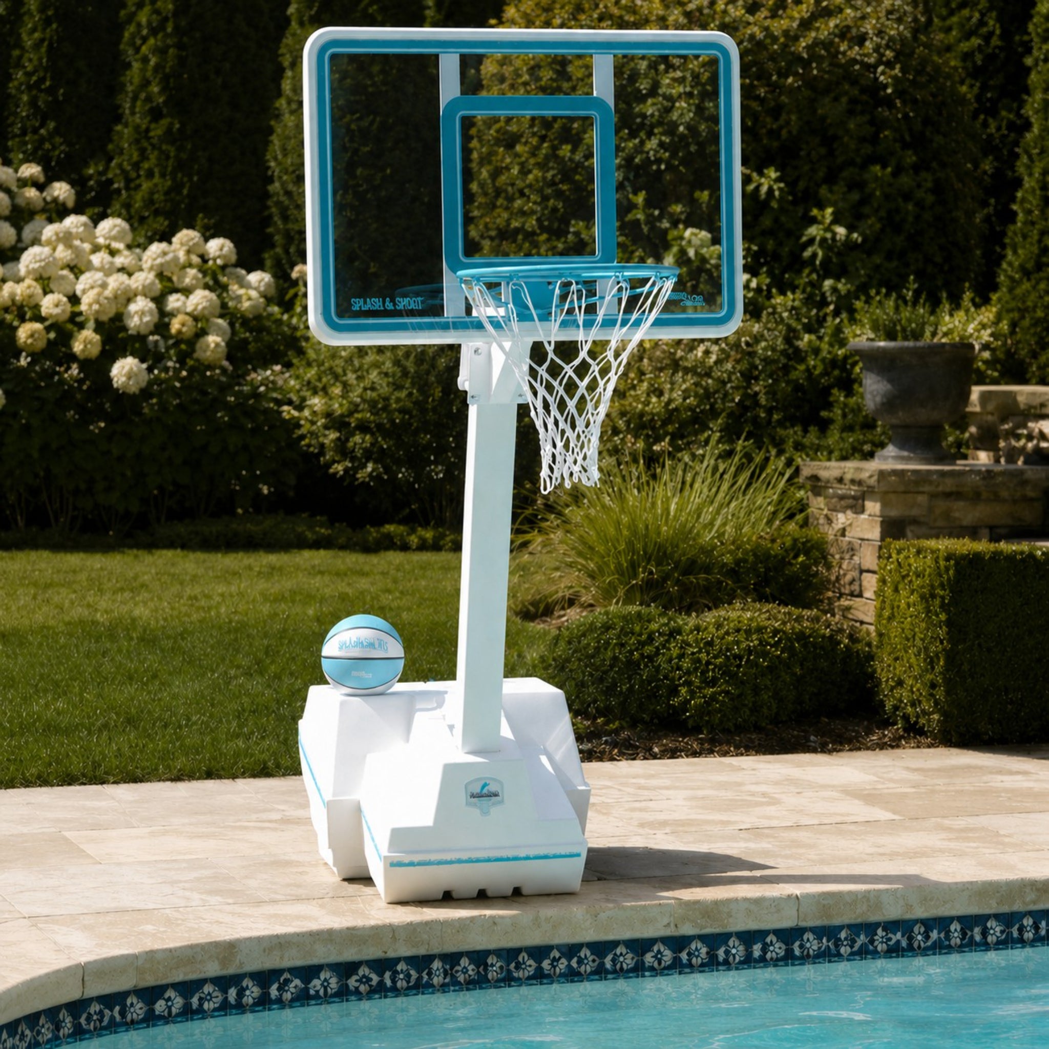 Dunn Rite Splash and Shoot poolside basketaball hoop in clear teal with basketball
