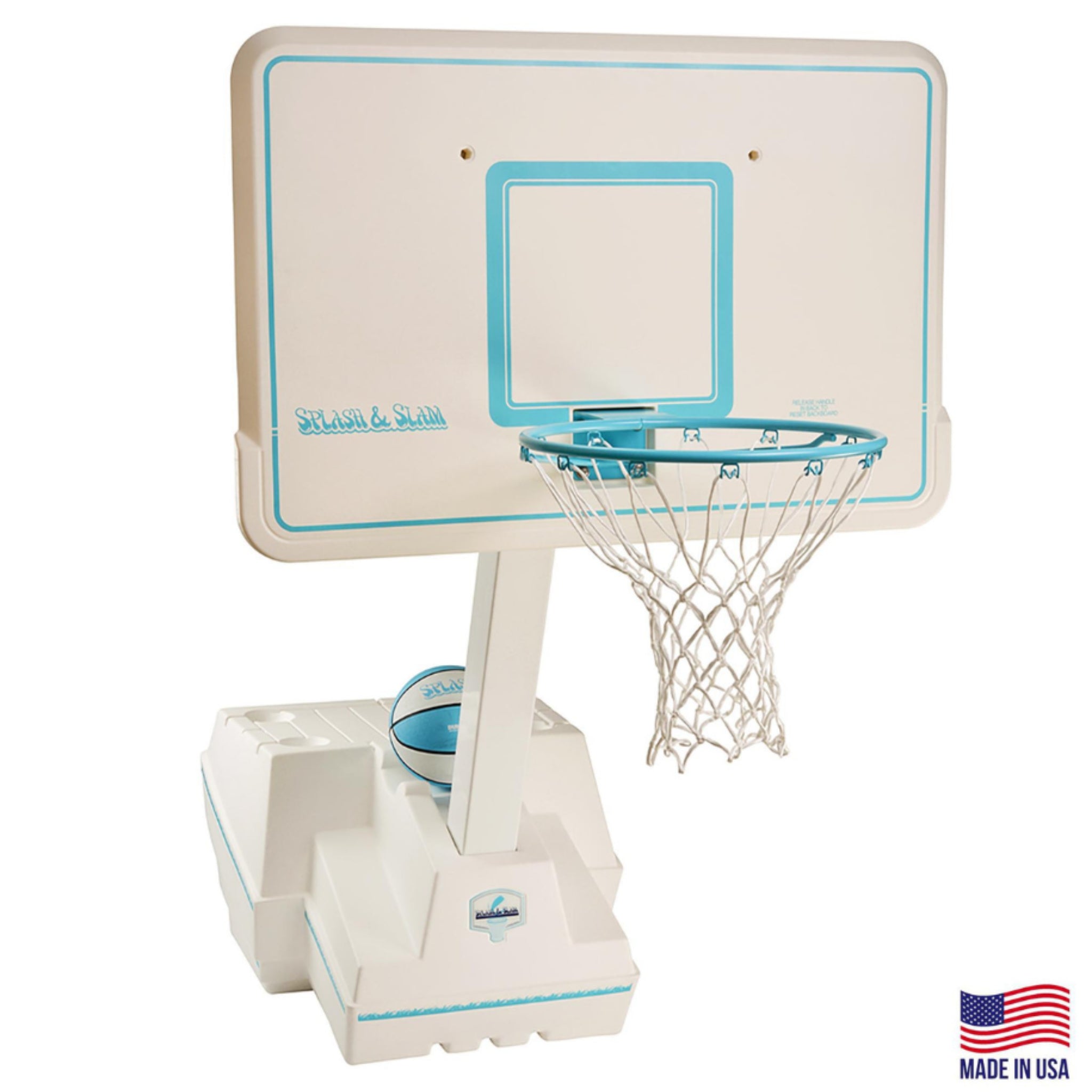 Dunn-Rite Splash & Slam poolside basketball hoop with white backboard and water-filled base