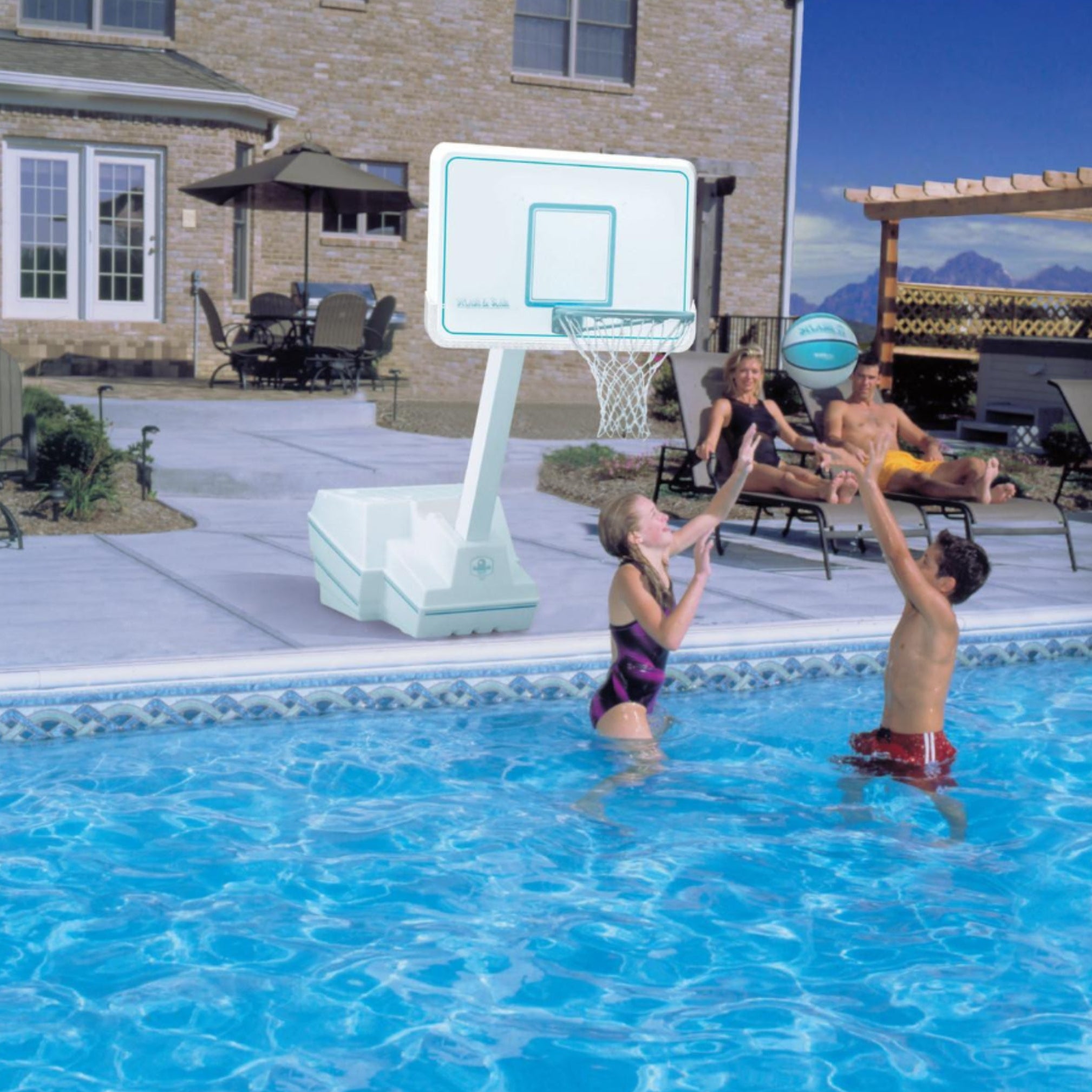 Splash & Slam white pool basketball hoop with adjustable height rim on freestanding base at poolside  B100 Stainless