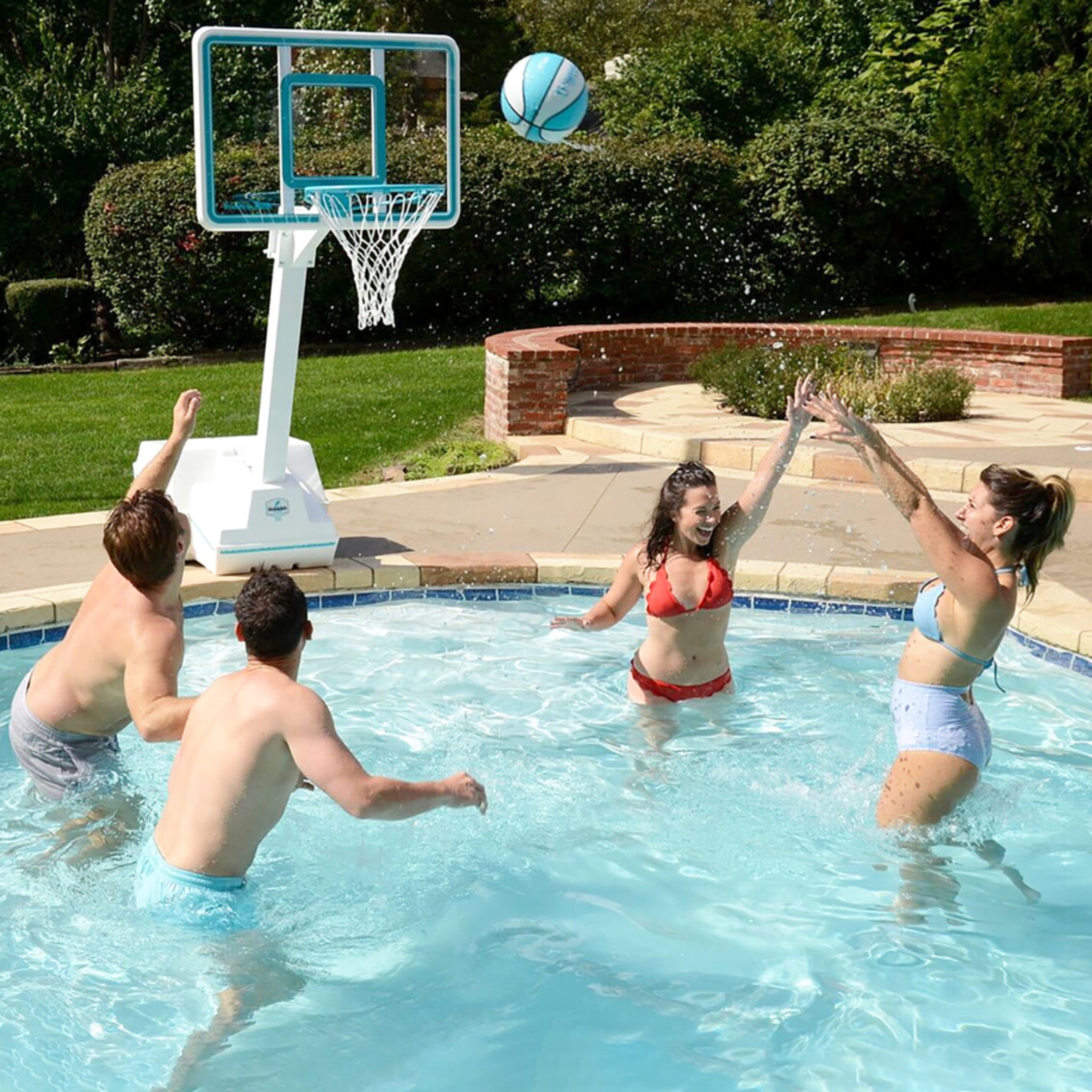 Dunn-Rite Splash & Slam poolside basketball system with transparent backboard and stainless steel rim