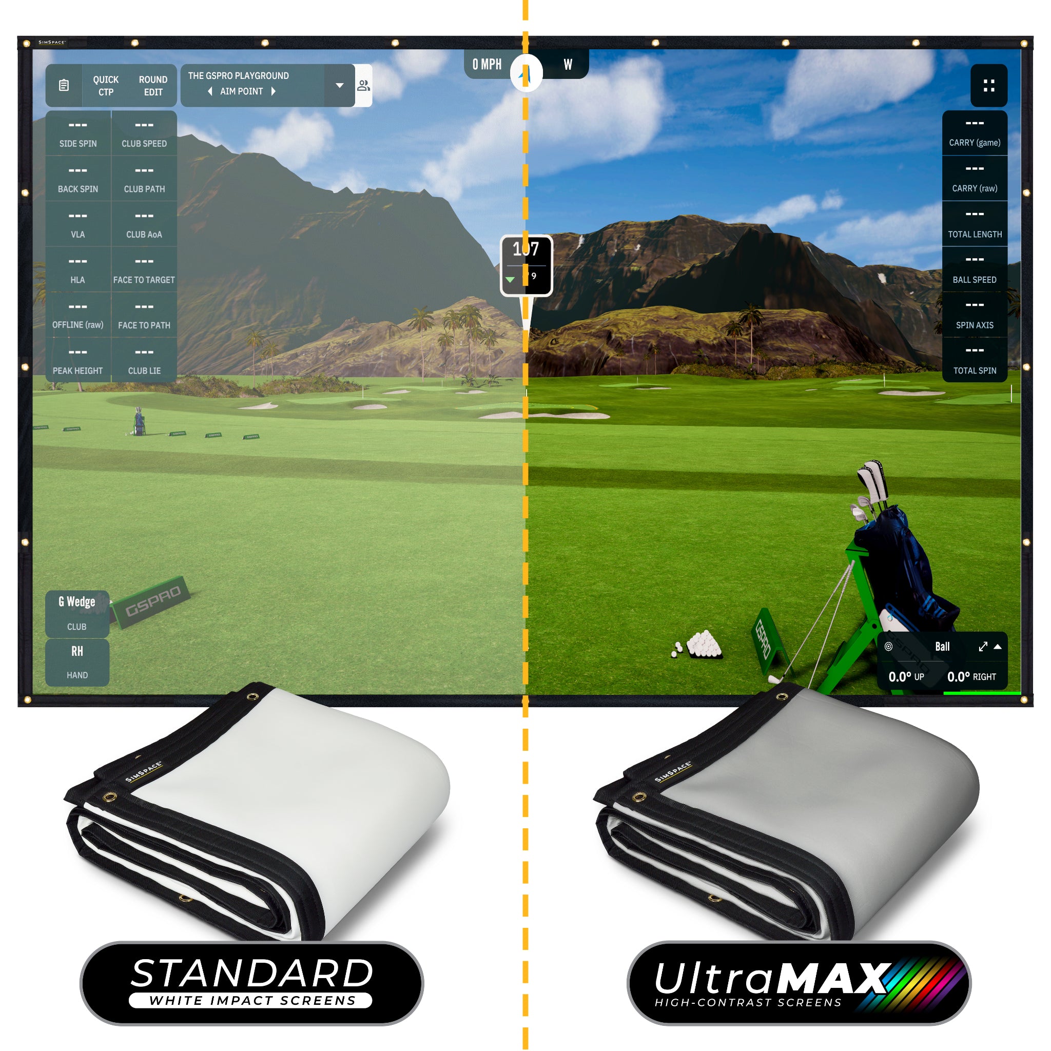 SimSpace Standard vs UltraMAX golf simulator impact screen comparison showing enhanced contrast and 4K projection quality