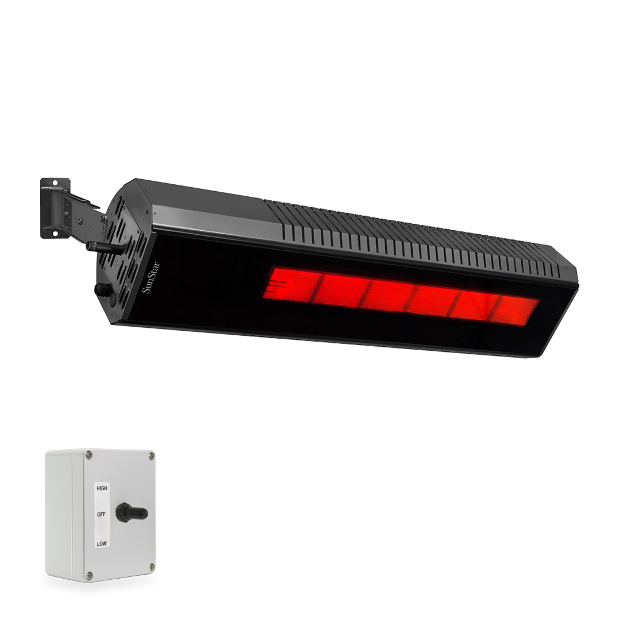 SunStar angled mount gas patio heater with glass front design