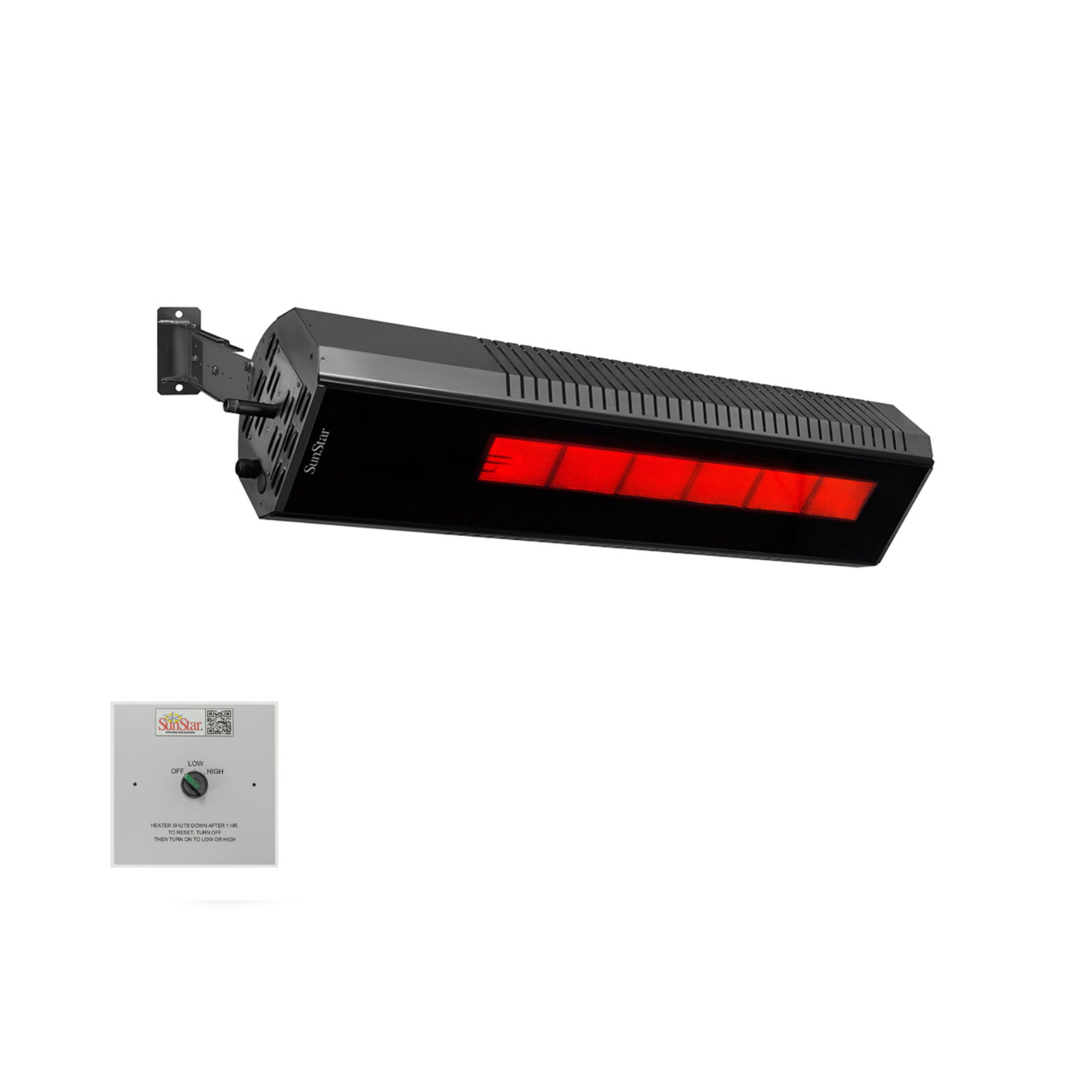 SunStar infrared gas patio heater angled to direct heat into seating area