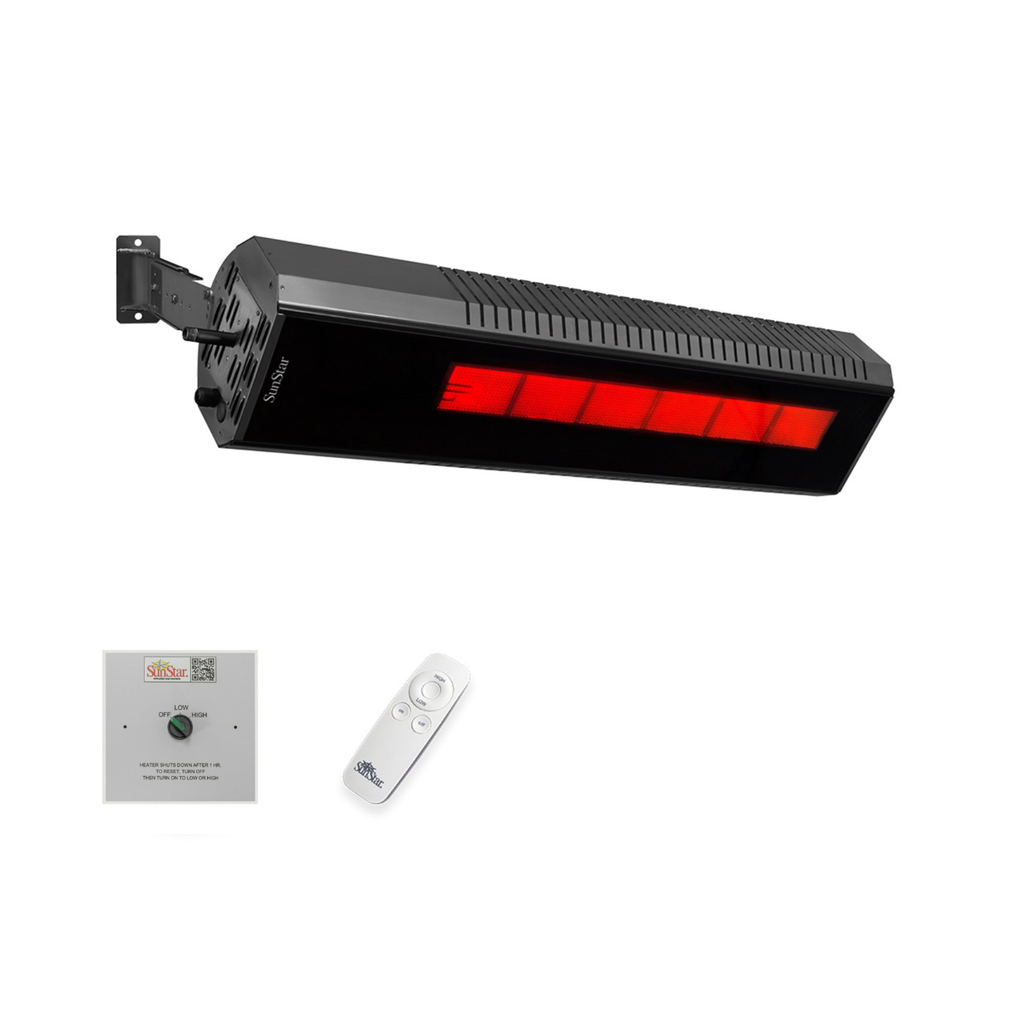 Angled mount SunStar gas patio heater for covered patios and pergolas with timer wall switch and remote