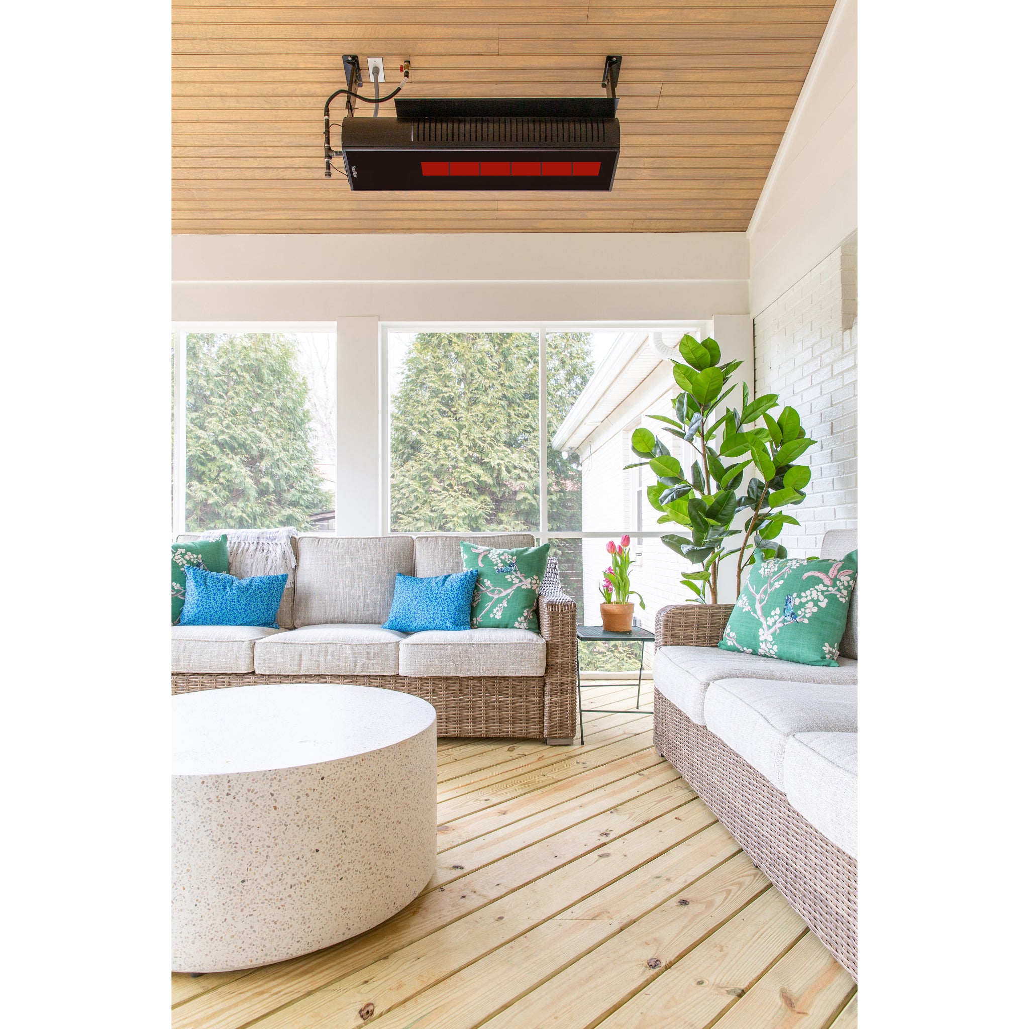 SunStar infrared gas patio heater installed in horizontal ceiling mount