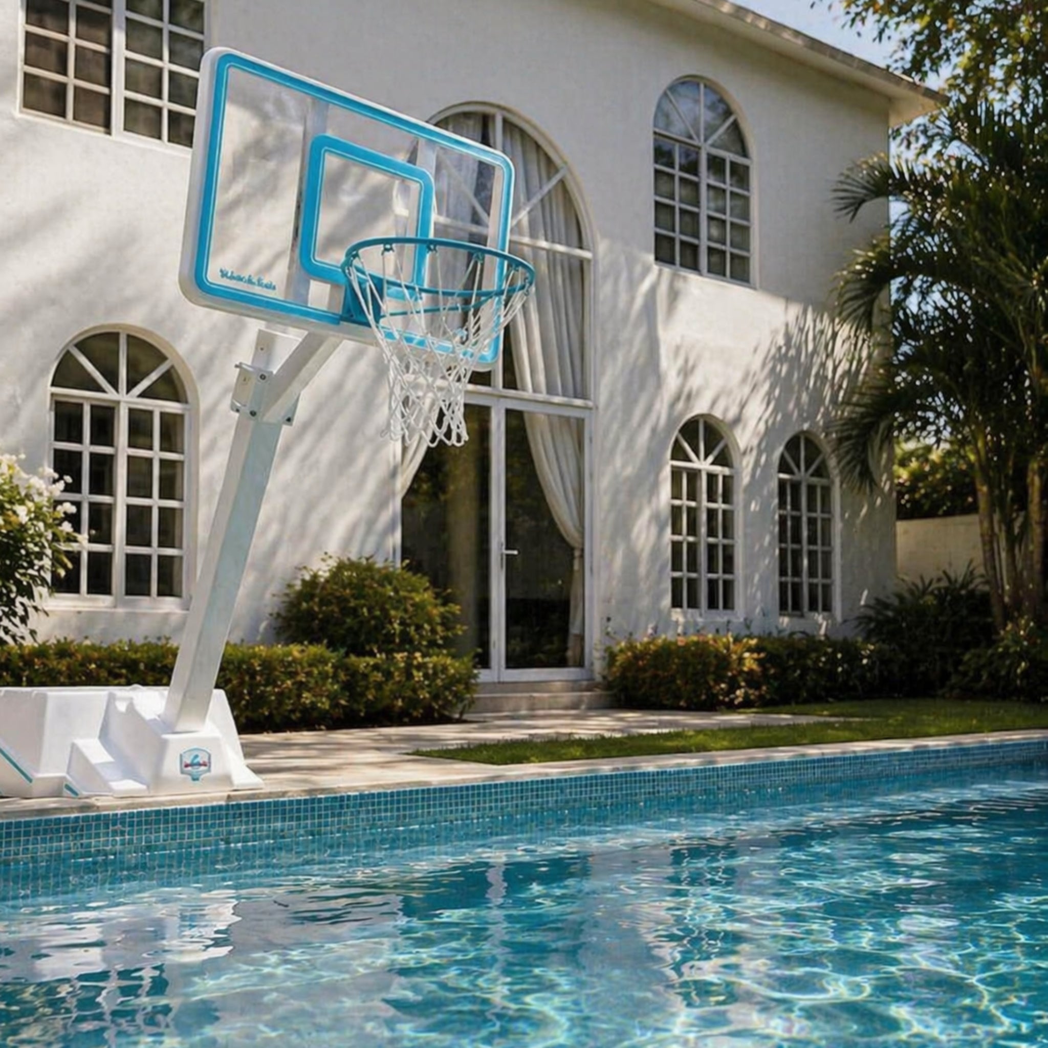 Dunn-Rite Splash and Slam Poolside Basketball Hoop designed for residential pools and resort-style outdoor spaces.