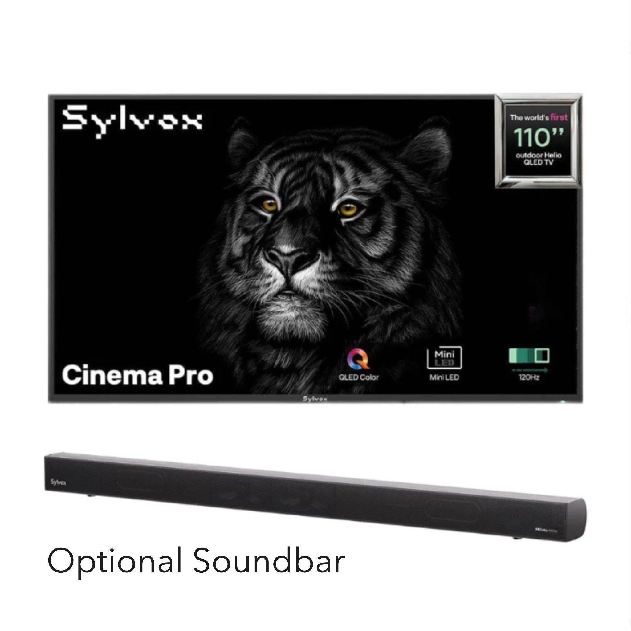Sylvox Cinema Pro TV 110" with a tiger on the screen and an optional soundbar below.