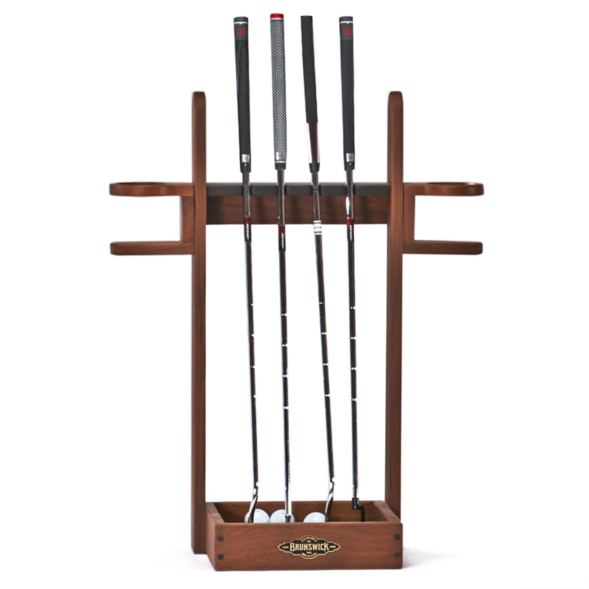 Brunswick putter holder for indoor putting green in espresso wood finish.