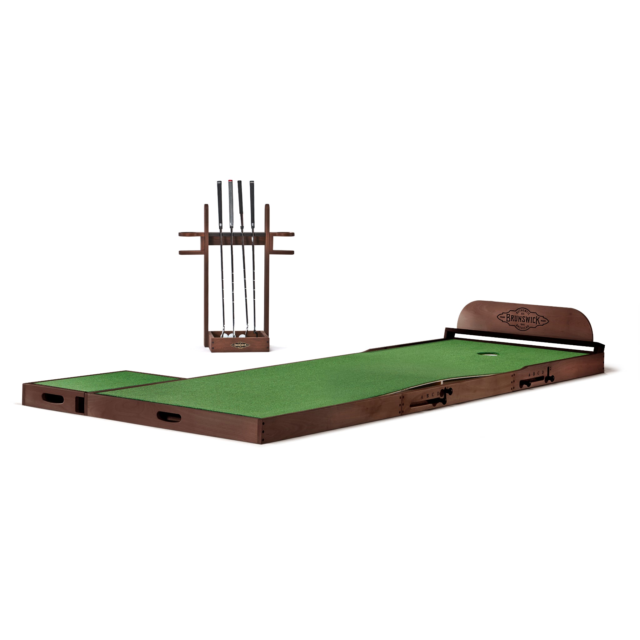 Brunswick Maxwell indoor putting green with espresso wood finish and putter holder.