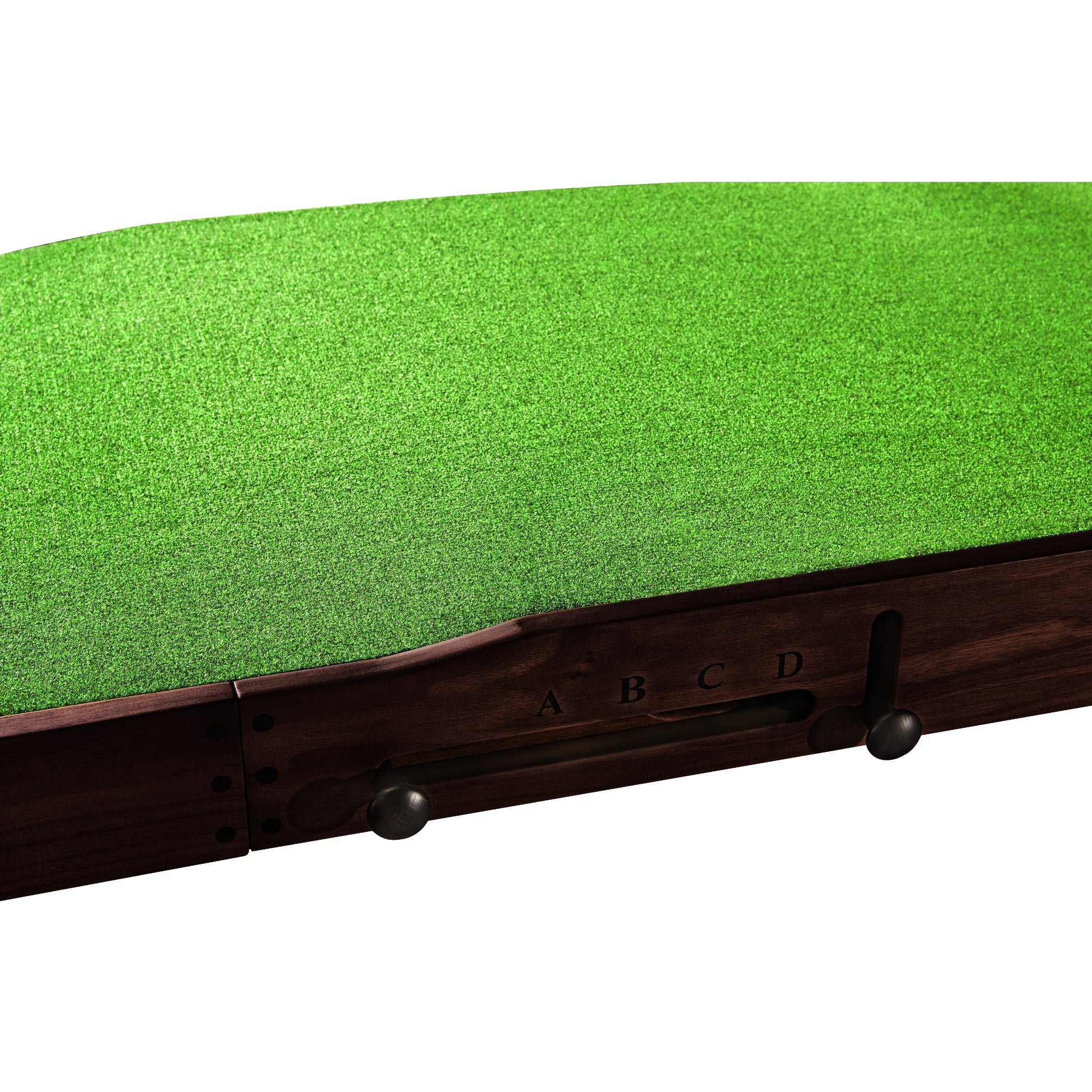 Brunswick putting green close up of break combination levers, turf and espresso wood trim finish.