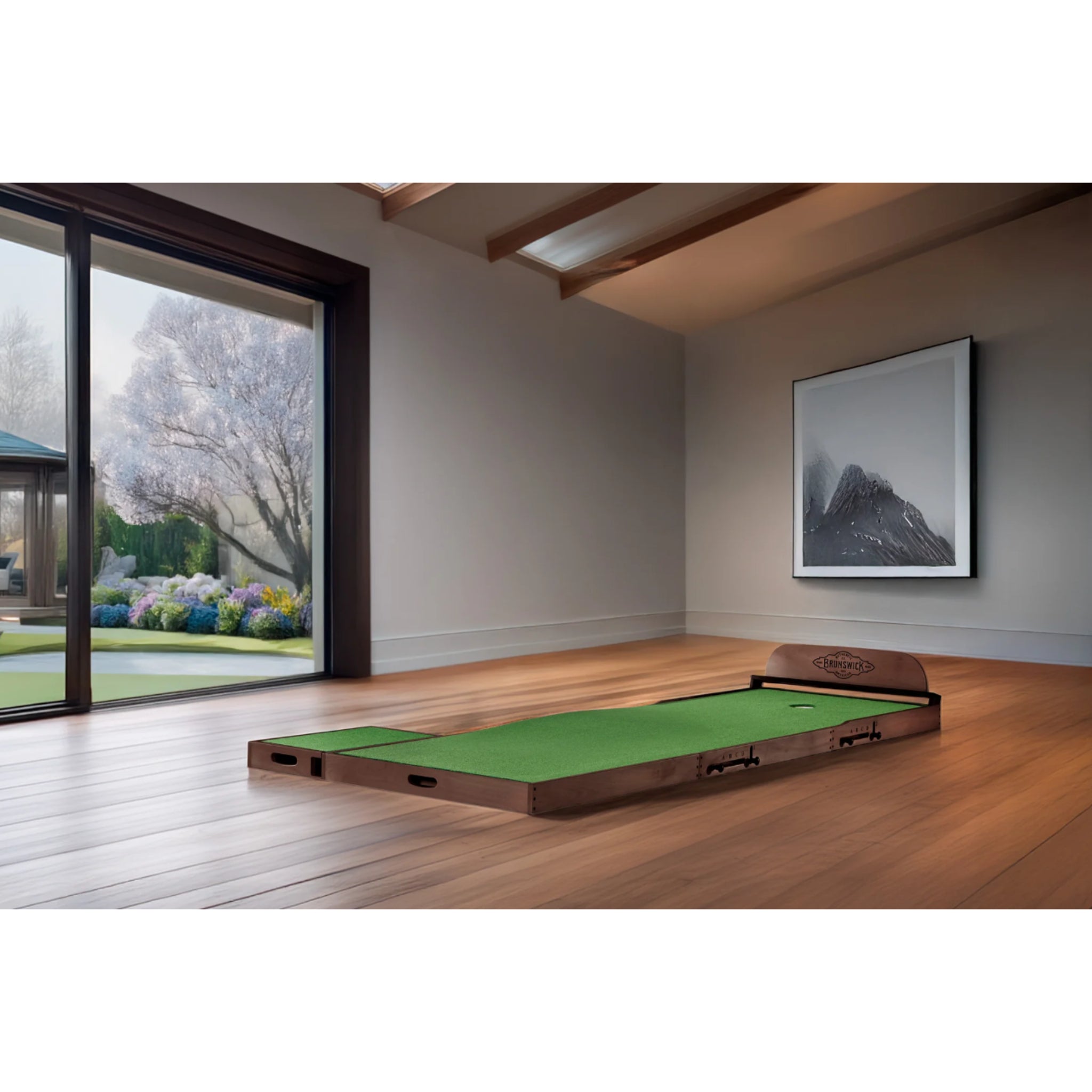 Luxury indoor putting green with hardwood base and premium turf