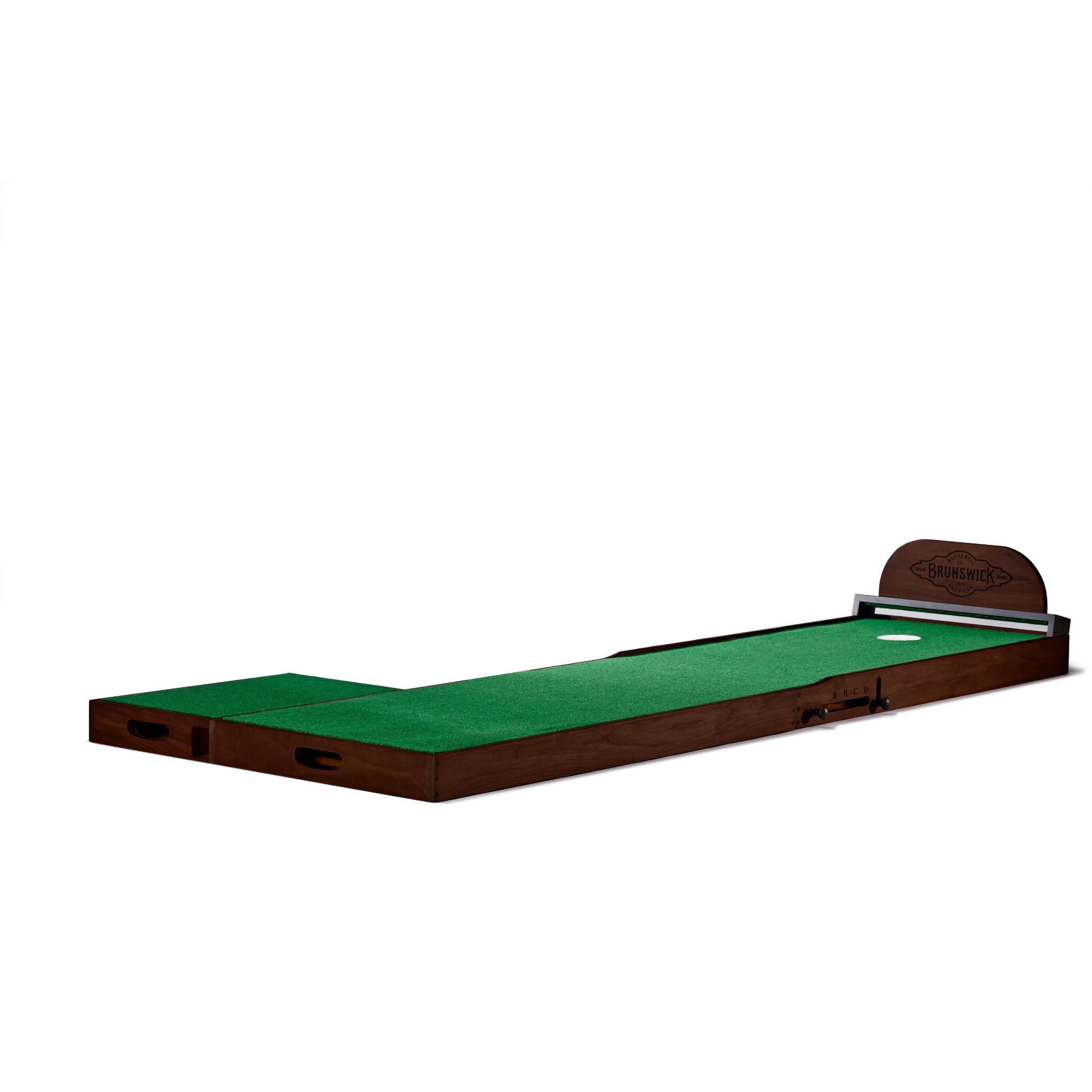 Brunswick The Ross indoor putting green with espresso wood trim.