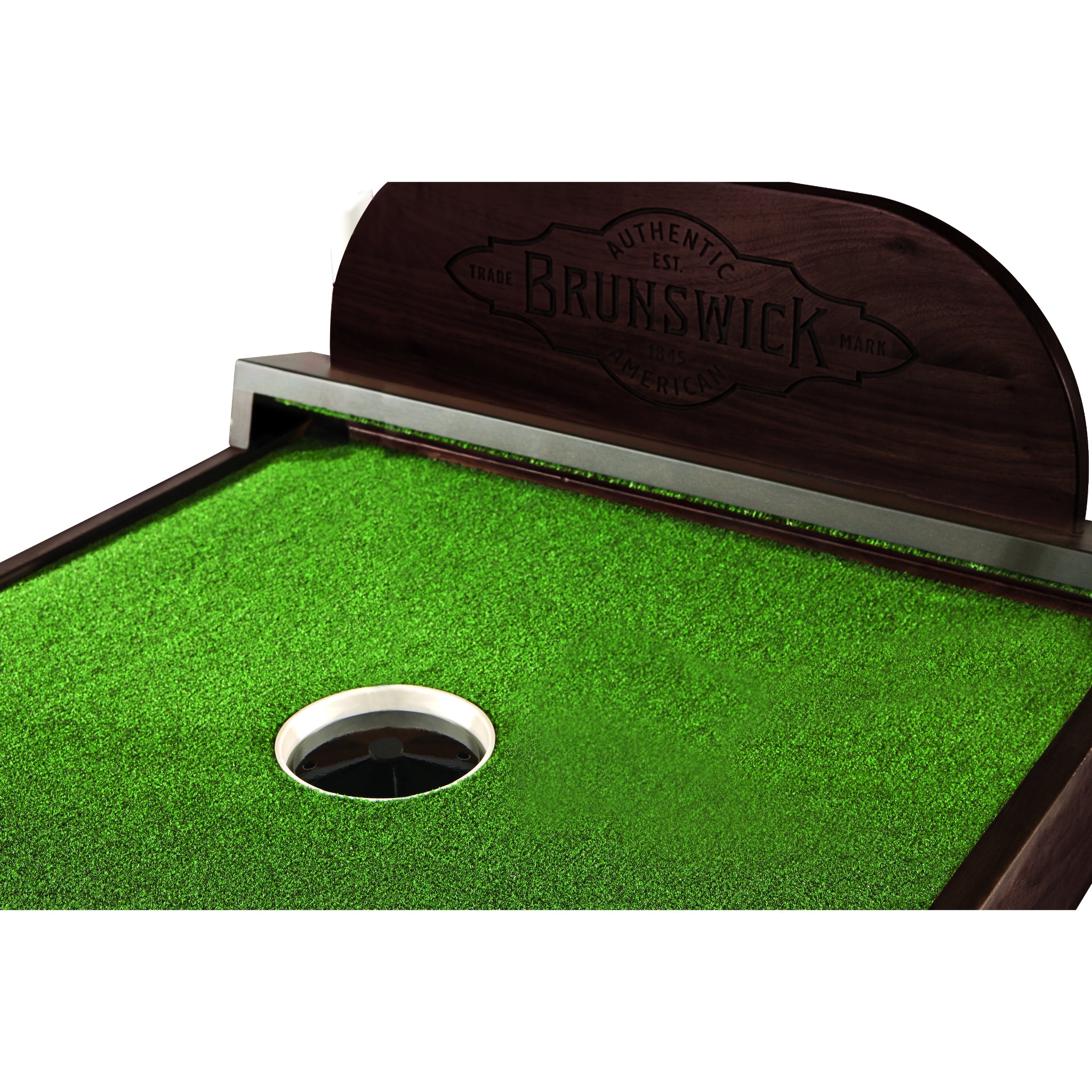 Close up of Brunswick indoor putting green golf hole.