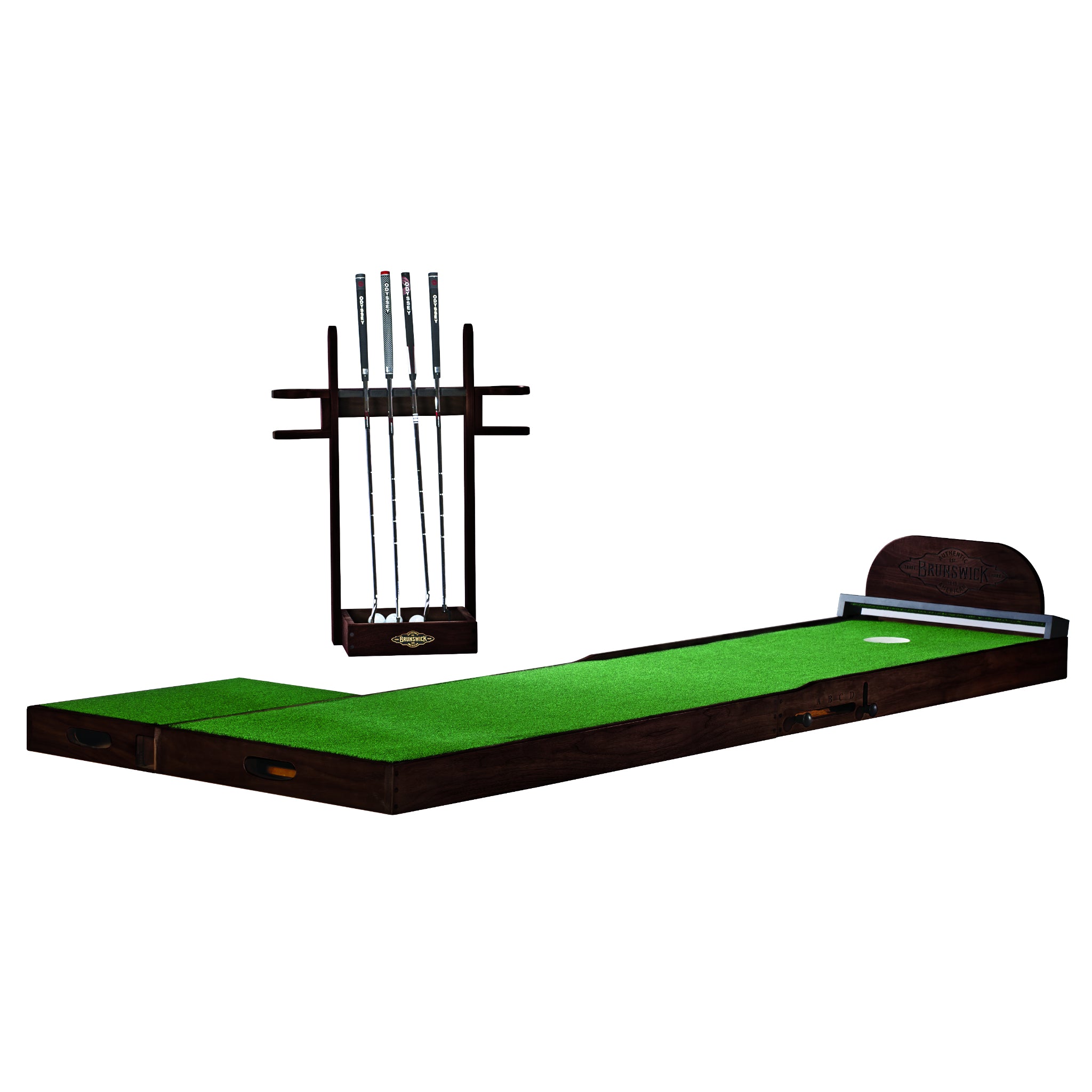 Brunswick The Ross indoor putting green with matching putter holder in espresso wood trim for golf practice.