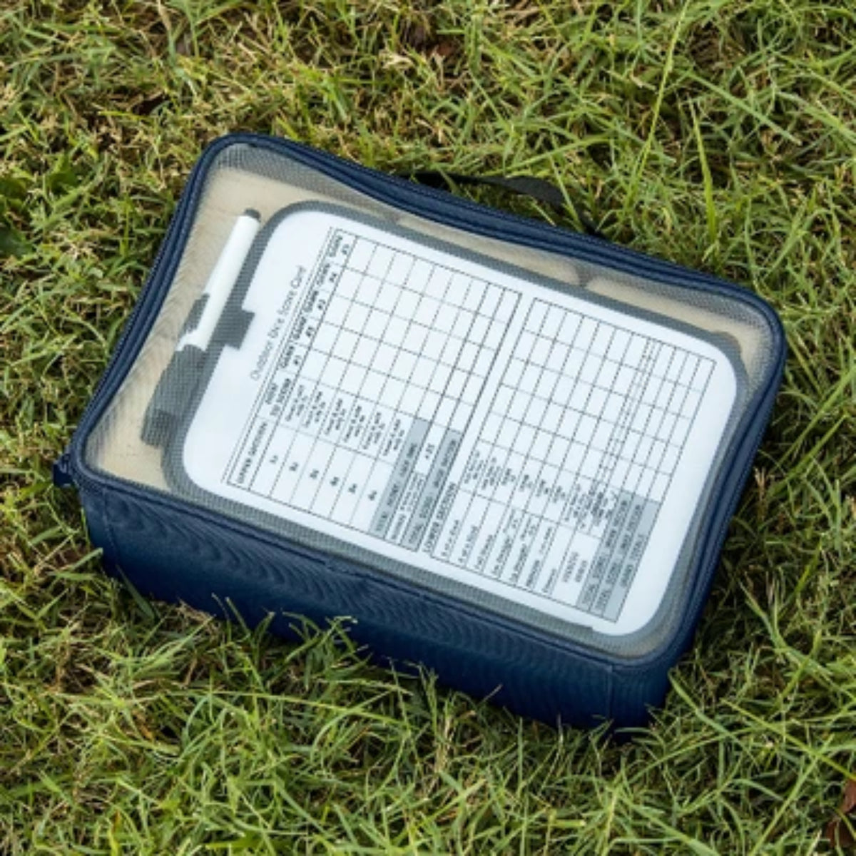 Triumph oversized wooden lawn dice stored inside a blue zippered carrying case