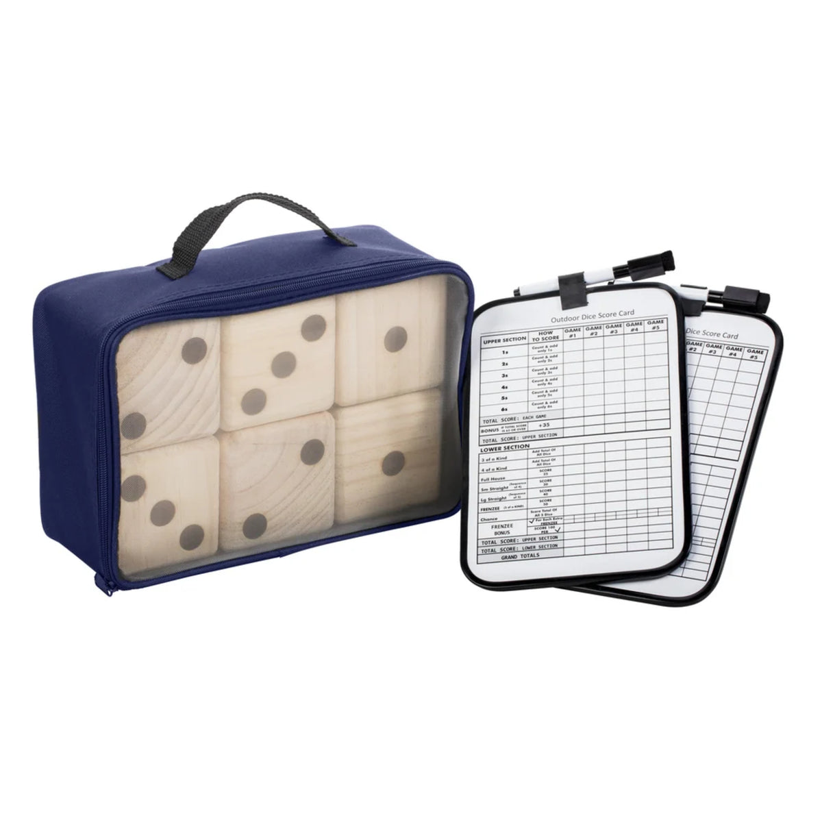 Giant Wooden Lawn Dice yahtzee game with six oversized wood dice, blue carrying bag, and dry-erase scoreboards