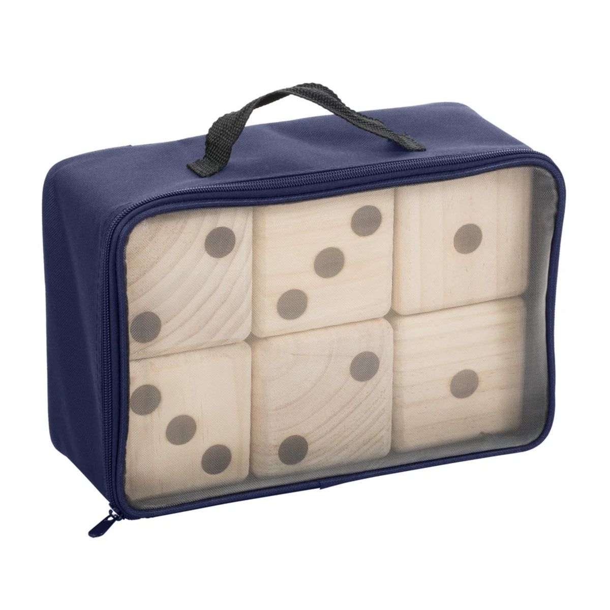 Yahtzee oversized wooden lawn dice stored inside a blue zippered carrying case