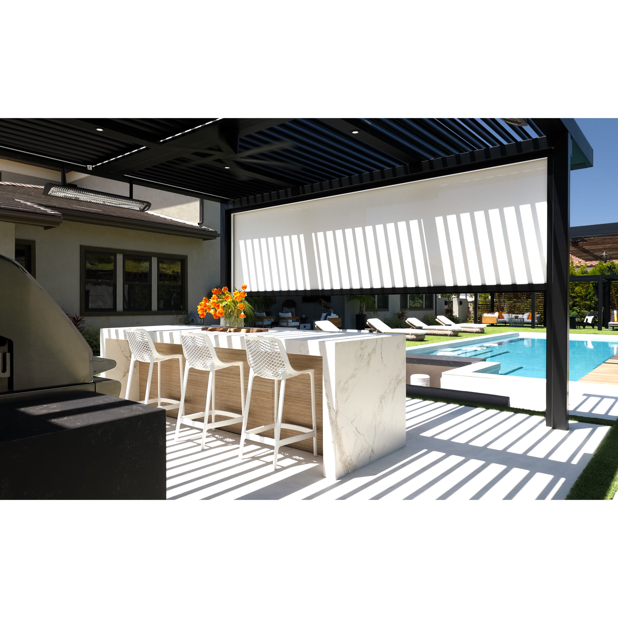 Tungsten Smart-Heat Electric Heater mounted from ceiling of pergola at luxury home