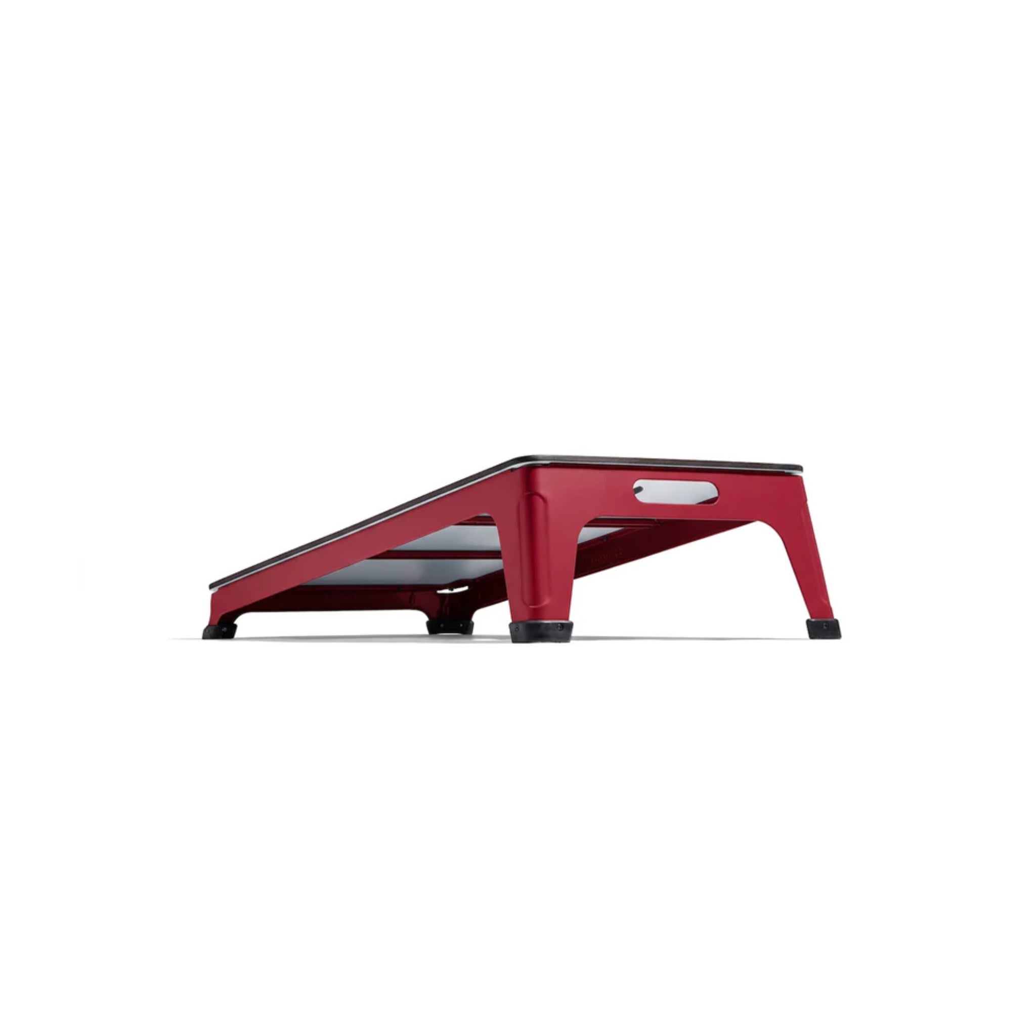 Commercial-grade outdoor cornhole boards with UV-resistant HPL composite playing surface and powder-coated steel frame in crimson red color