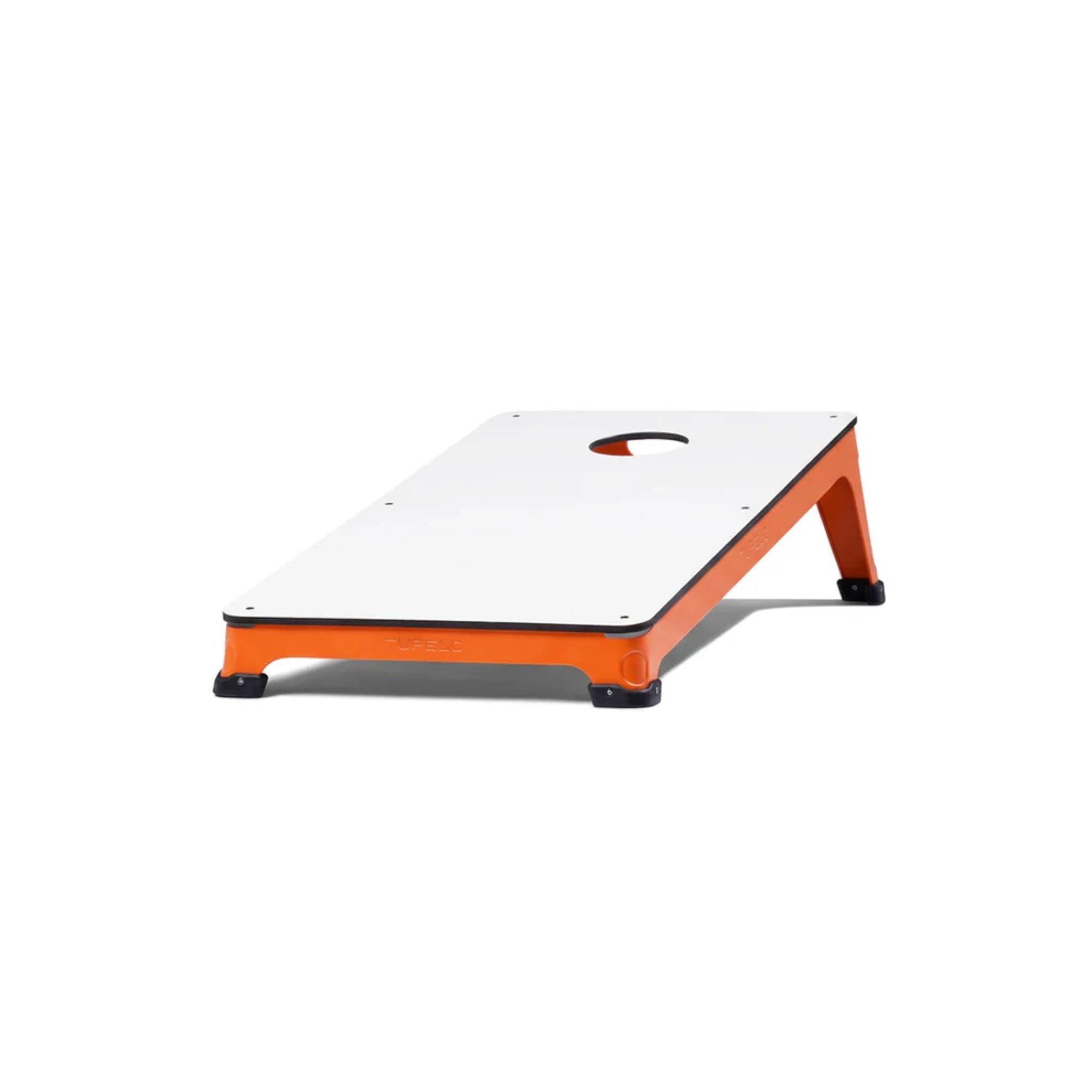 Luxury orange all-weather cornhole boards with weather-resistant HPL playing surface for backyards, resorts, and rooftop lounges