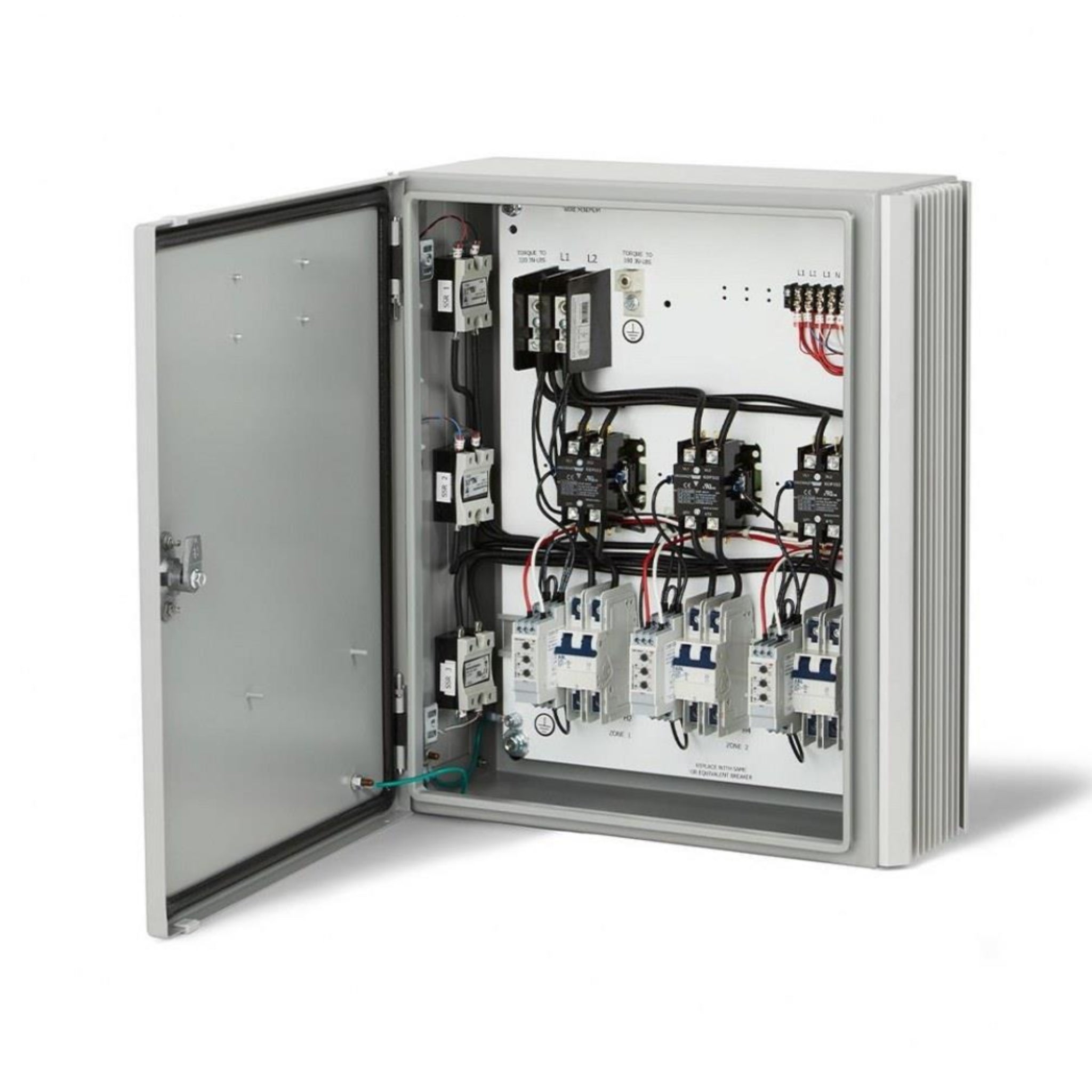 Infratech Universal Control Relay Panel interior showing multi-zone relays and wiring configuration