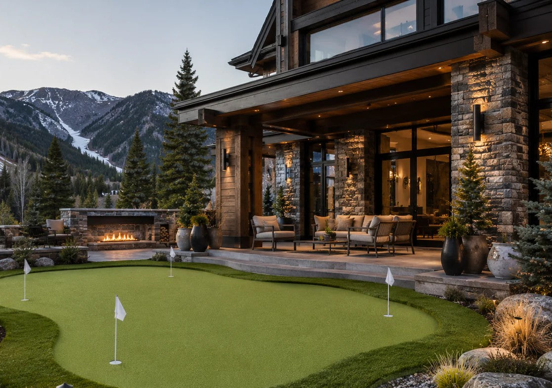 Luxury backyard putting green integrated into an outdoor living space