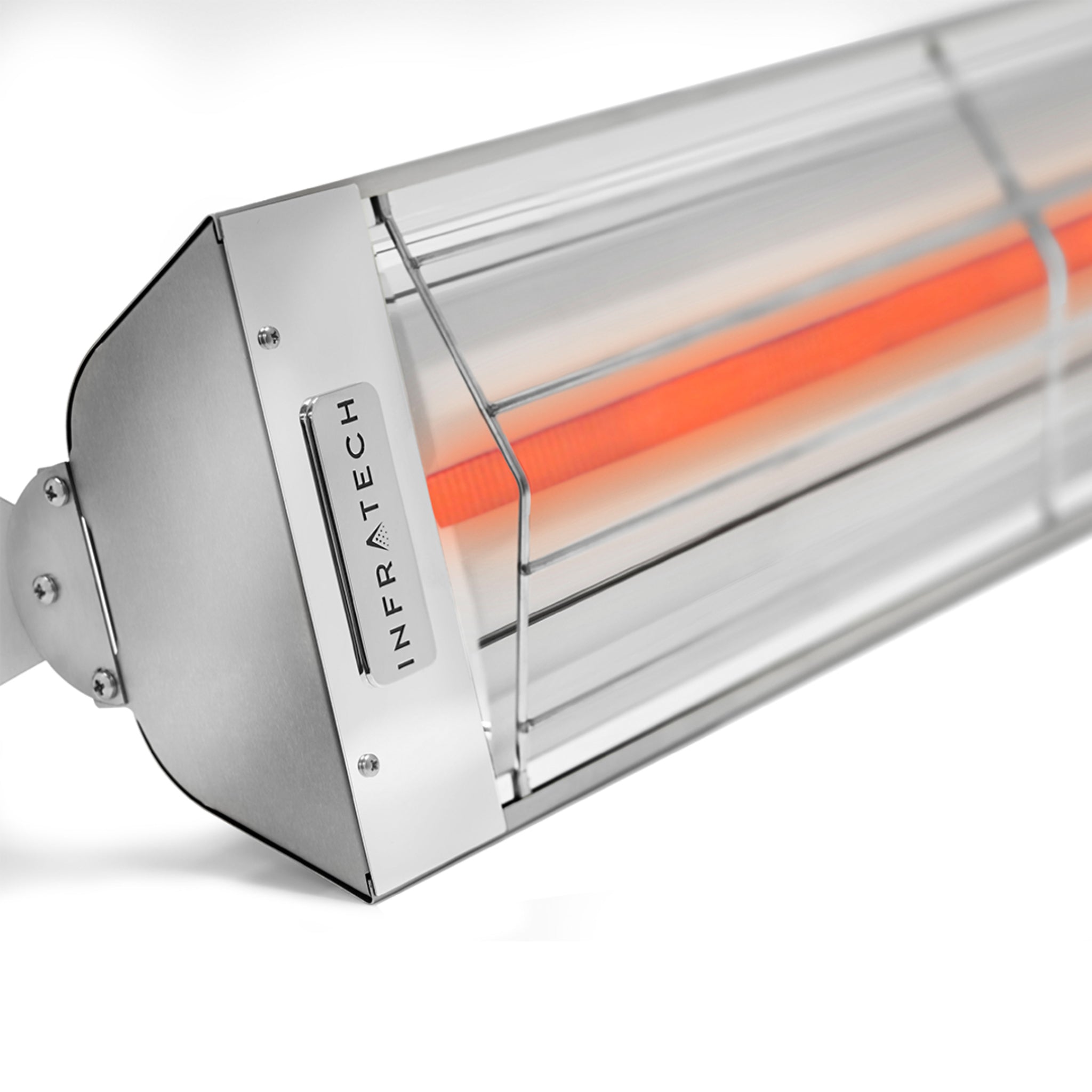 Close up of Infratech W15 single element quartz infrared heater with stainless steel housing