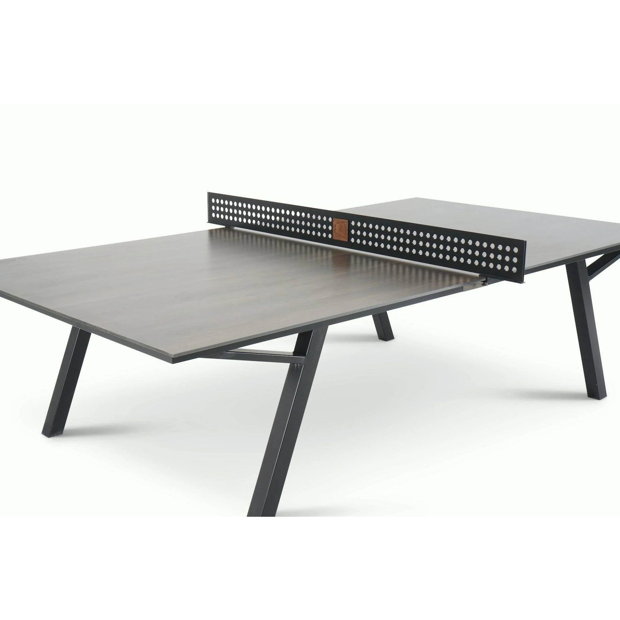 Backyard ping pong table with black steel legs and durable laminate playing surface
