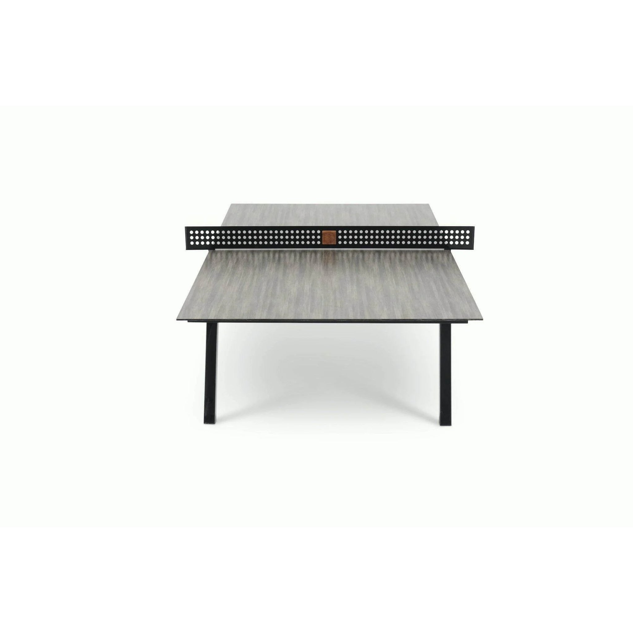 Weather resistant outdoor table tennis setup with modern architectural design